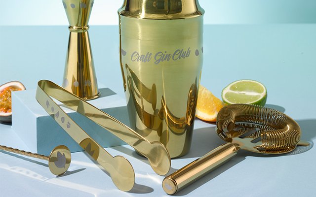 Craft Gin Club jigger, strainer, ice tongues and a bar spoon
