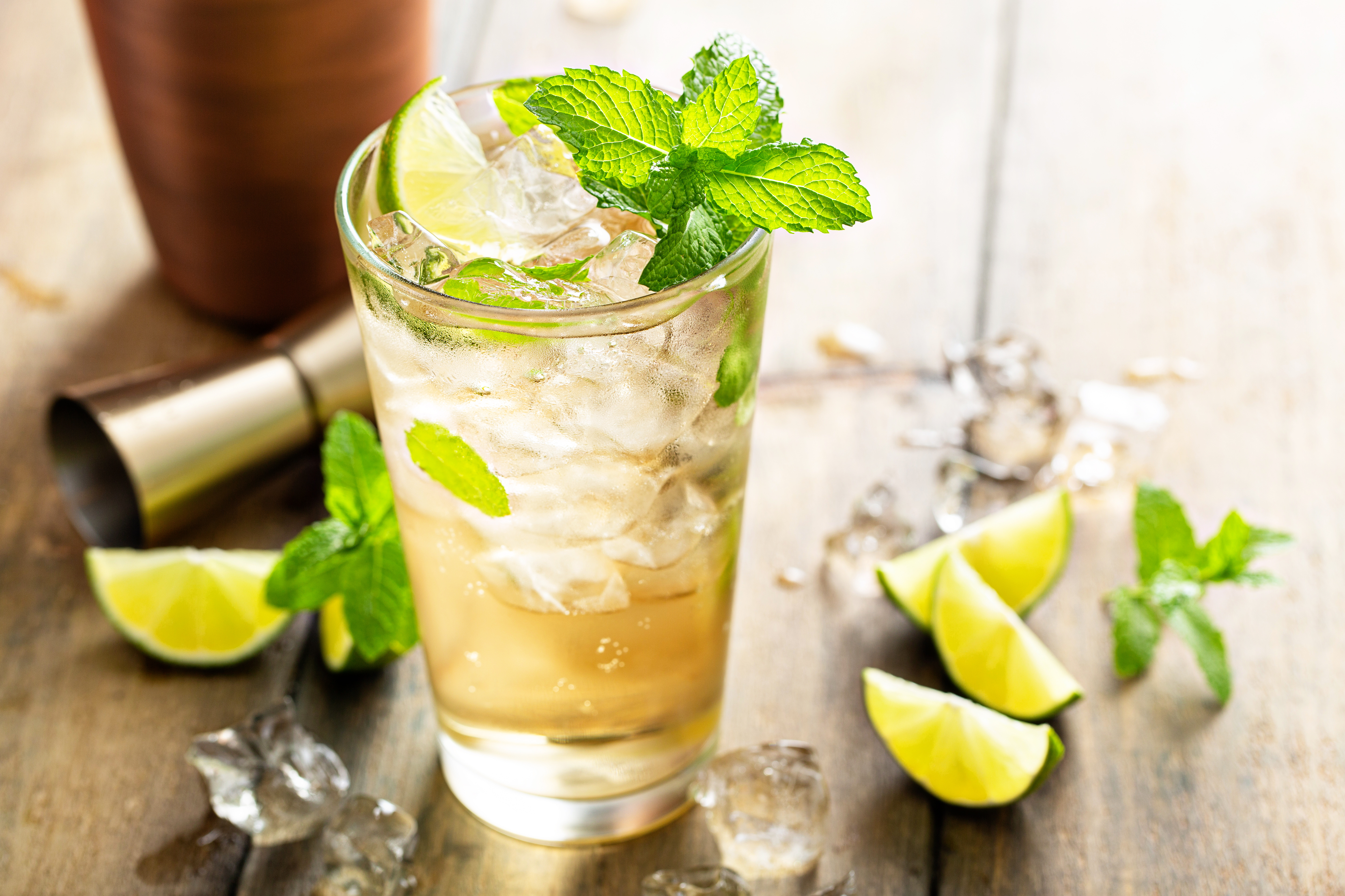 Light cocktail in a highball glass filled with ice with lime and mint garnish