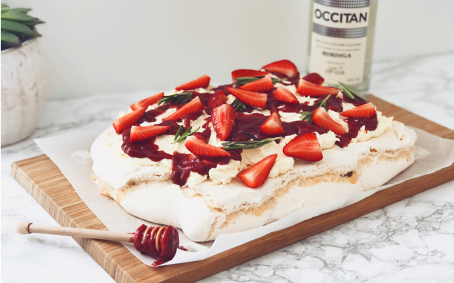 Occitan Gin Boozy Strawberry and Rosemary Gin Pavlova Dessert