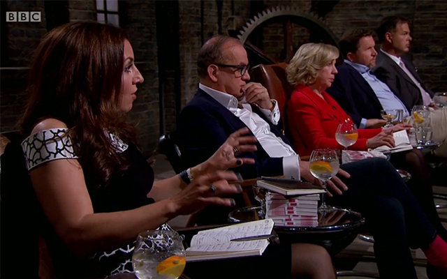 The Dragons listen to the Craft Gin Club pitch. Credit: BBC2