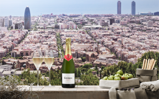 Cordoniu Spanish Cava in front of Barcelona city scape