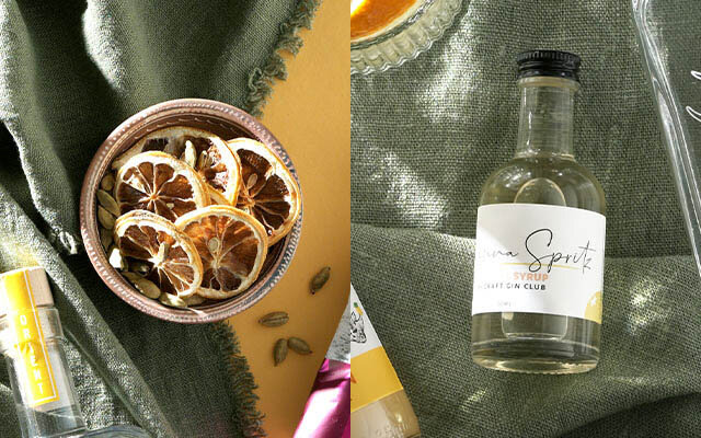 Lemon & Cardamom garnishes and Savanna Spritz Cocktail Syrup