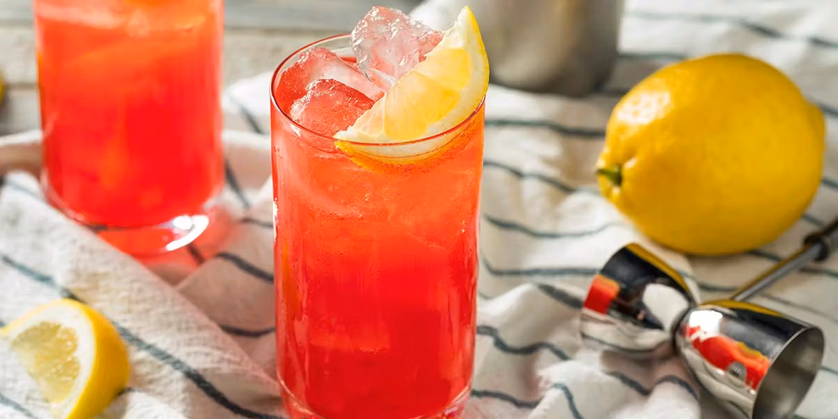 Sloe gin highball cocktail in glass with lemon garnish
