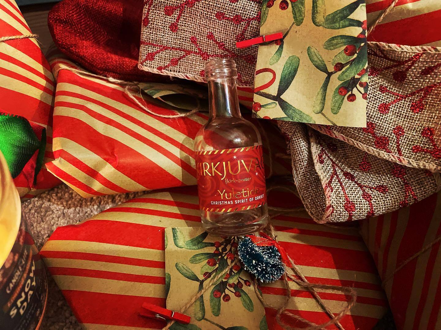 Orkney Distillery gin mini in pile of presents