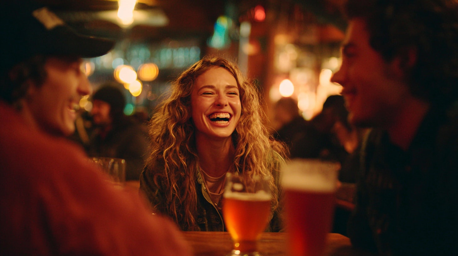 Une femme qui sourit à deux autres amis en train de boire une bière 