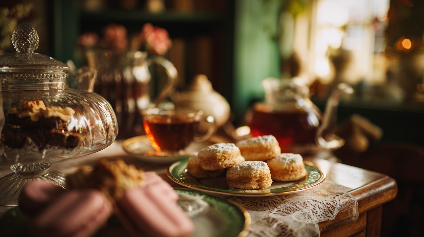 table dressée avec une tasse de thé et des biscuits 