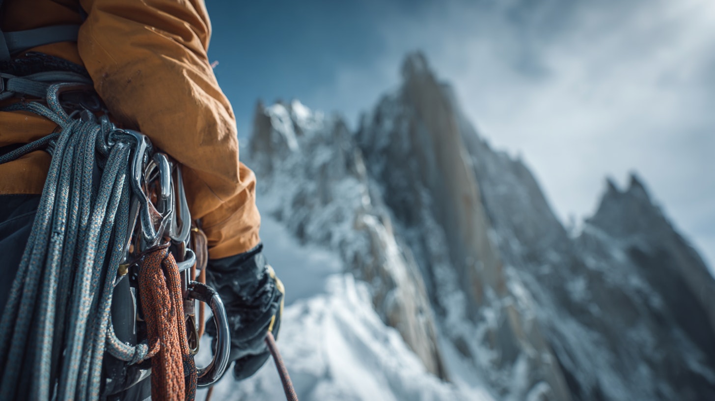 focus sur un baudrier d'alpiniste au coeur de la montagne  