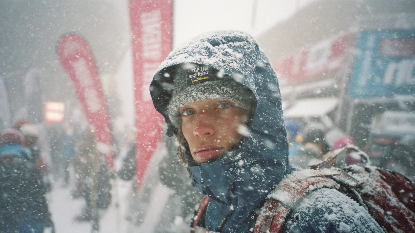 Skieur de face sous la neige