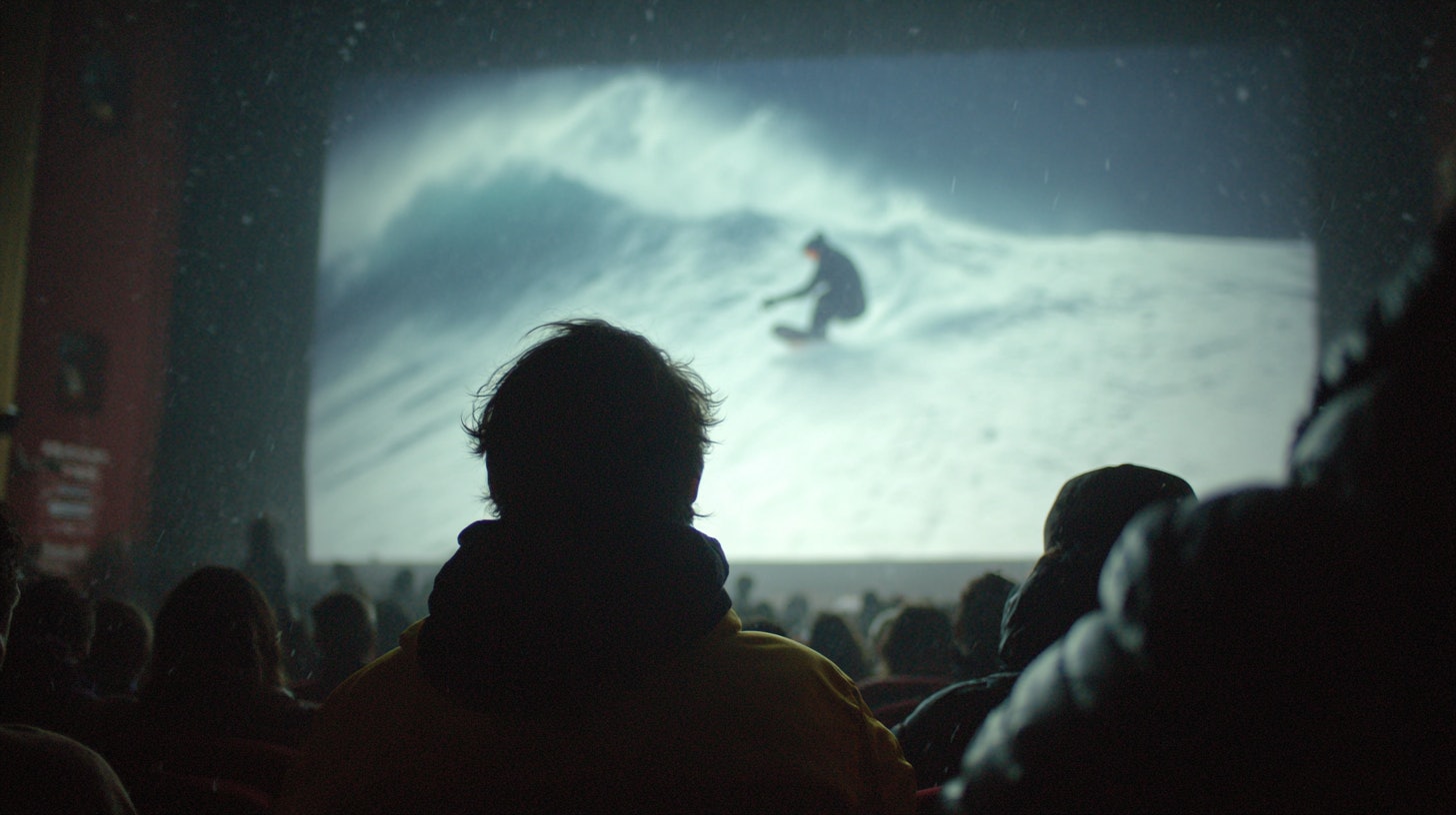 Homme de dos dans un cinéma face à un surfer à l'écran 