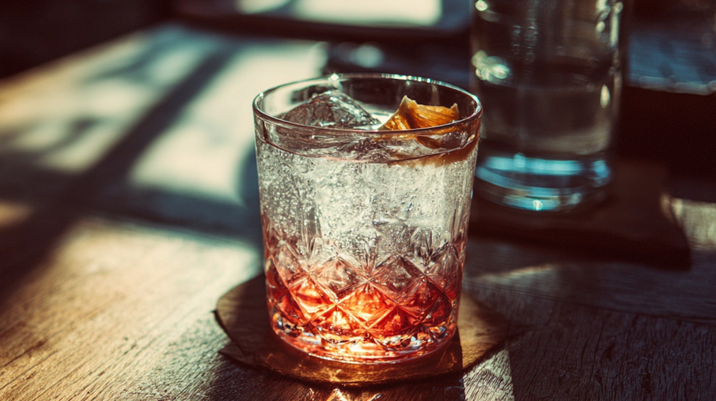 glass of alcohol placed on a wooden table