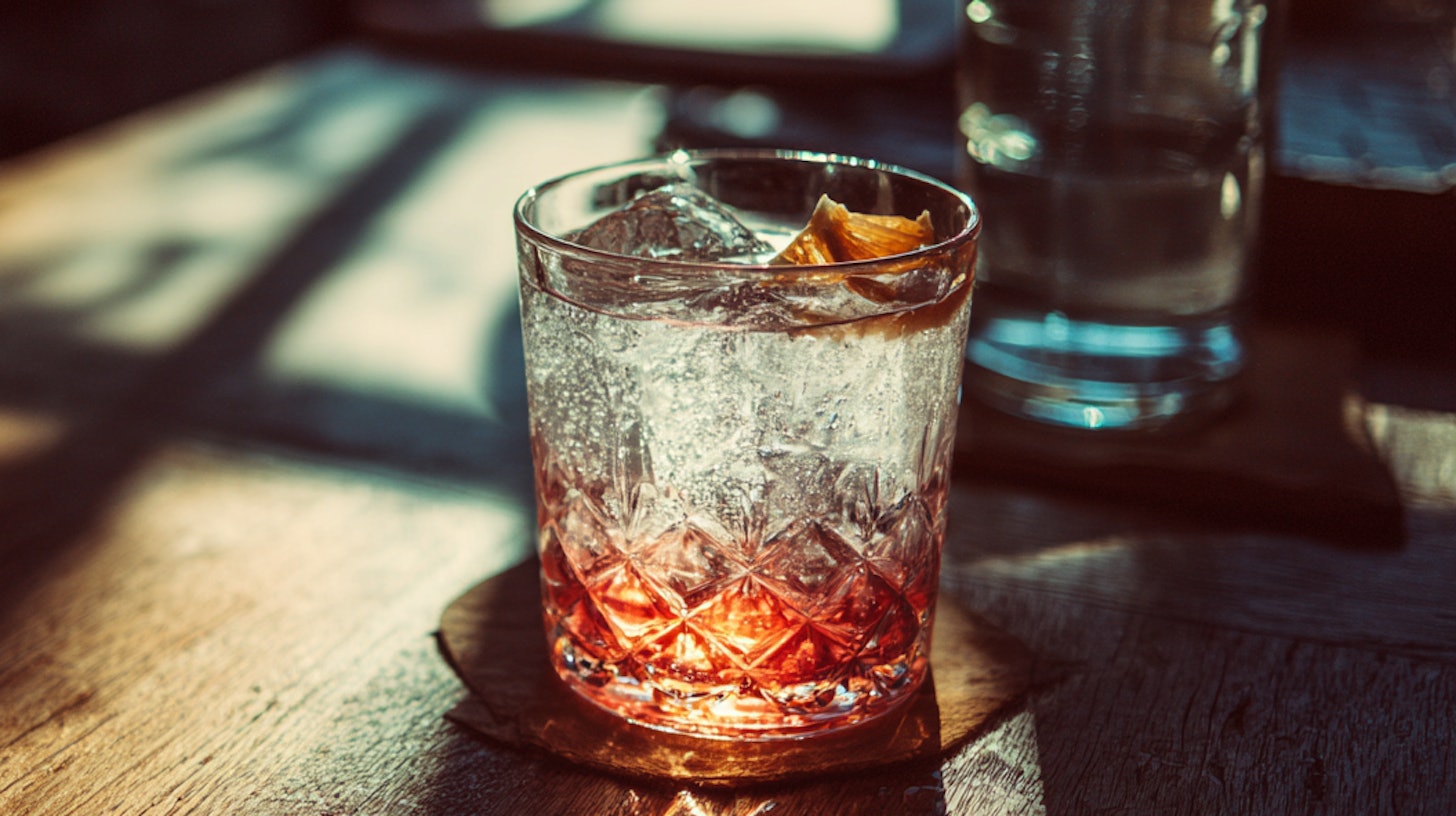 glass of alcohol placed on a wooden table