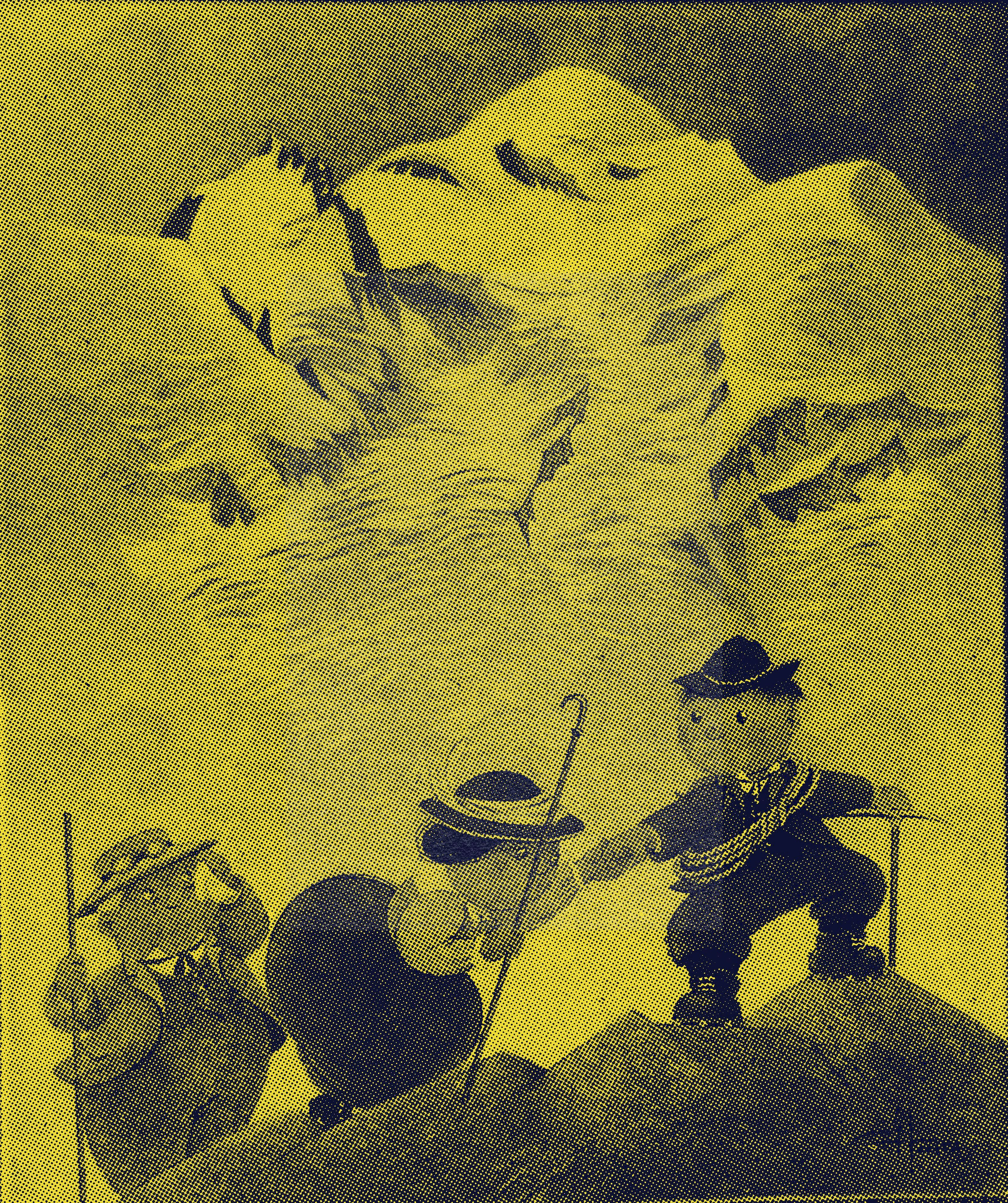 illustration de 3 alpinistes devant une montagne avec un filtre jaune