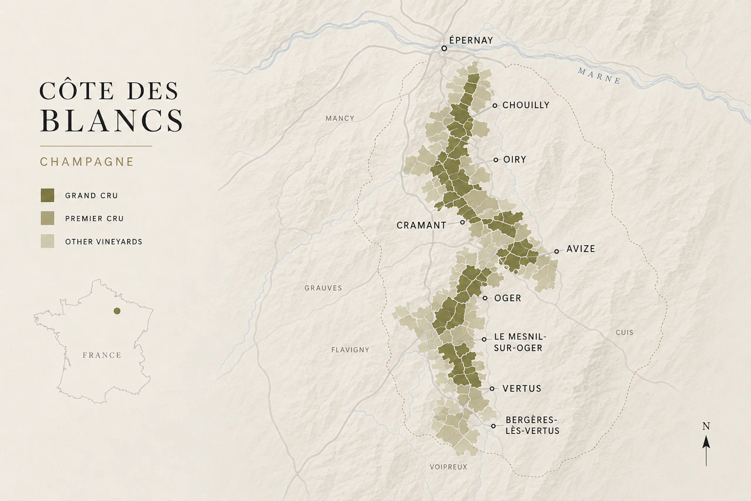 Karta över Côte des Blancs i Champagne