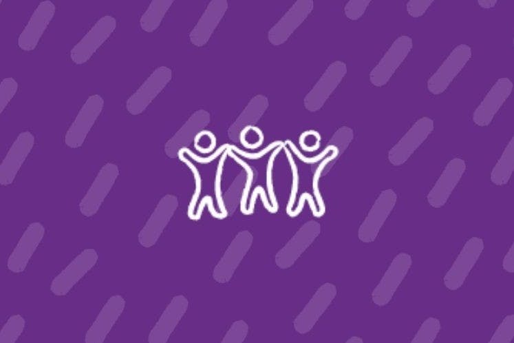 Three people holding hands on a purple background, signifying Changing Lives' Women and Children pillar.