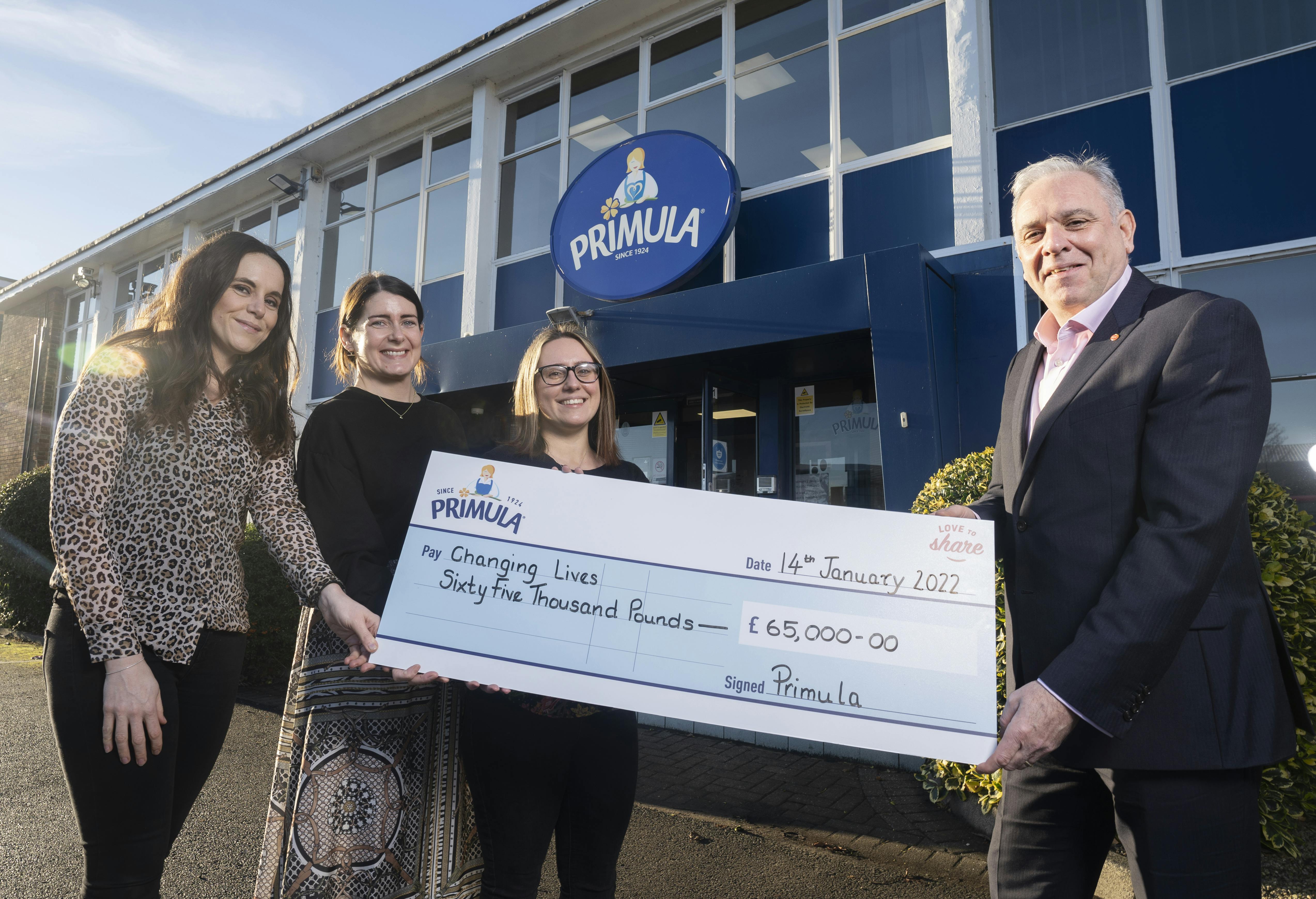 Corporate supporter Primula presenting surprise donation of sixty five thousand pounds to Changing Lives representatives