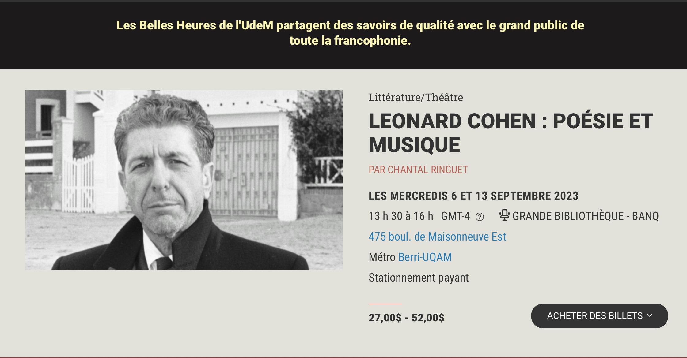 Leonard Cohen: poésie et musique - Les Belles Heures de l'UdeM 2023