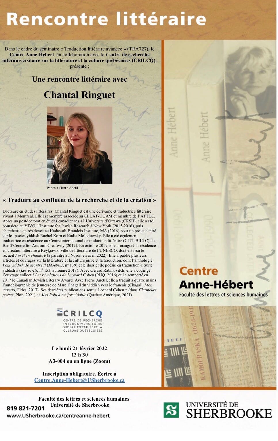 Une rencontre littéraire avec Chantal Ringuet - Lundi 21 février 2022 - Université de Sherbrooke