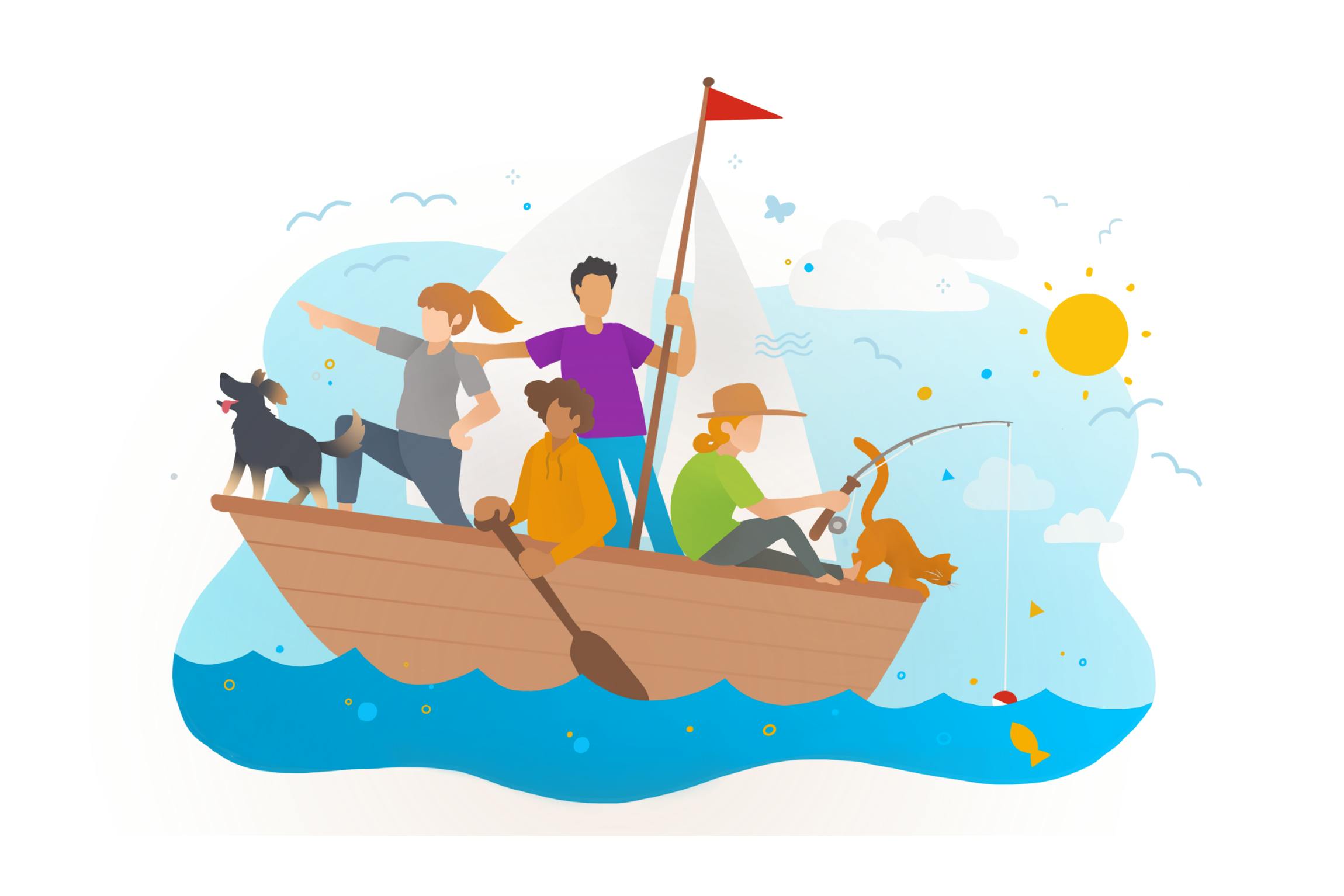 A colourful cartoon illustration of a group of people, a cat, and a dog on a small sailing ship. 