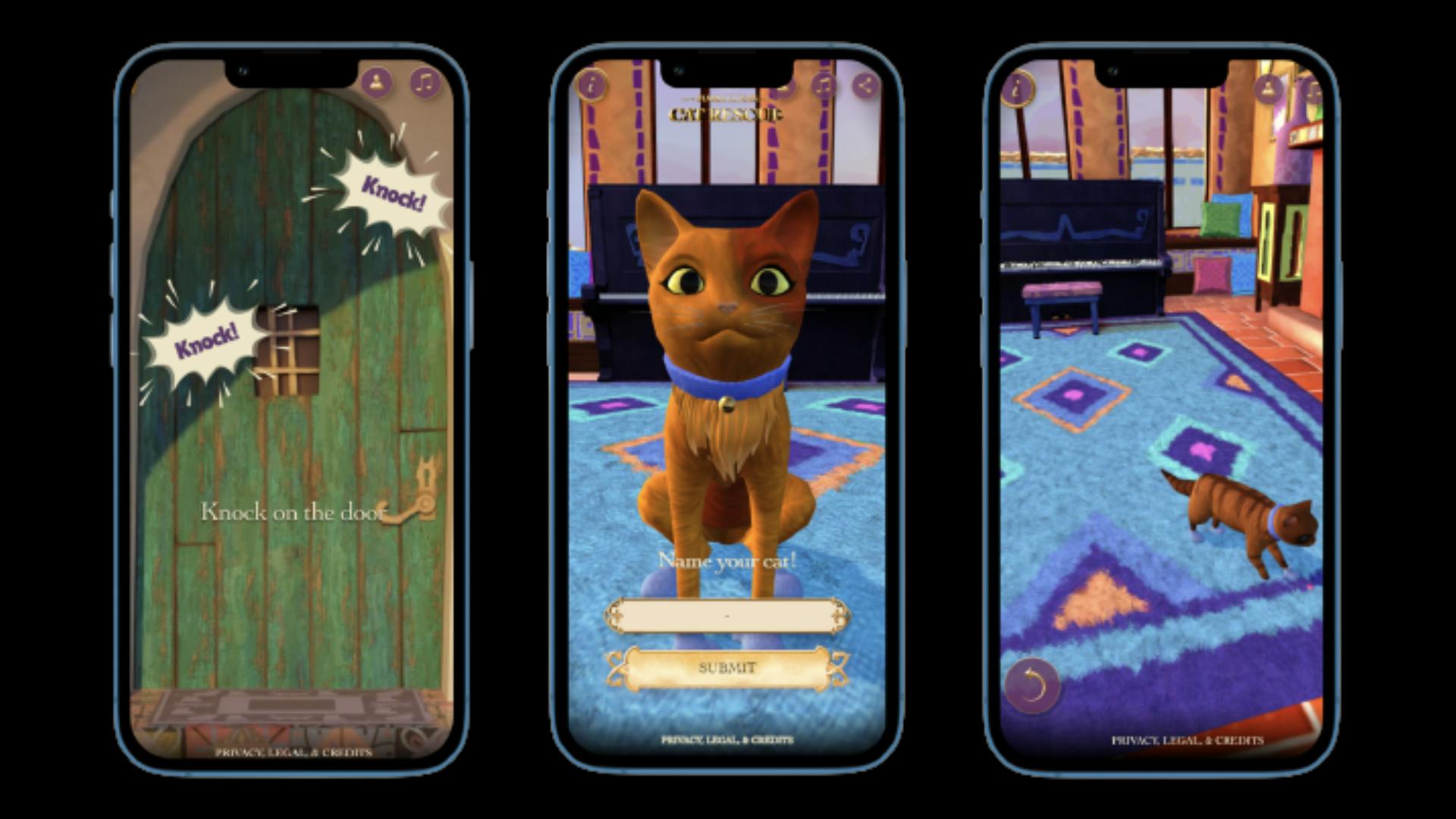 Three images showing how the My Digi-Cat experience looks on a phone screen: knocking on a door, naming a cat, and playing with a laser.