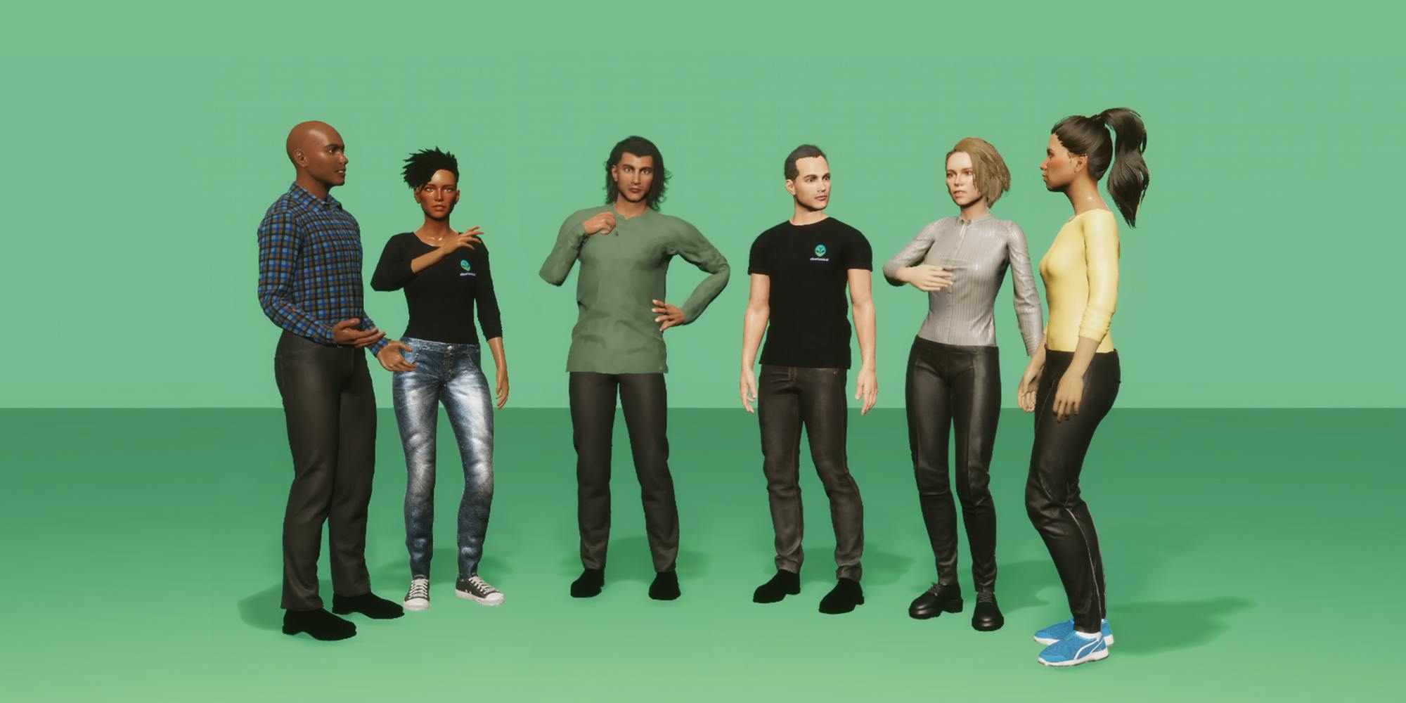 Six 3D human avatars standing together against a green background. Their poses are casual and conversational. 