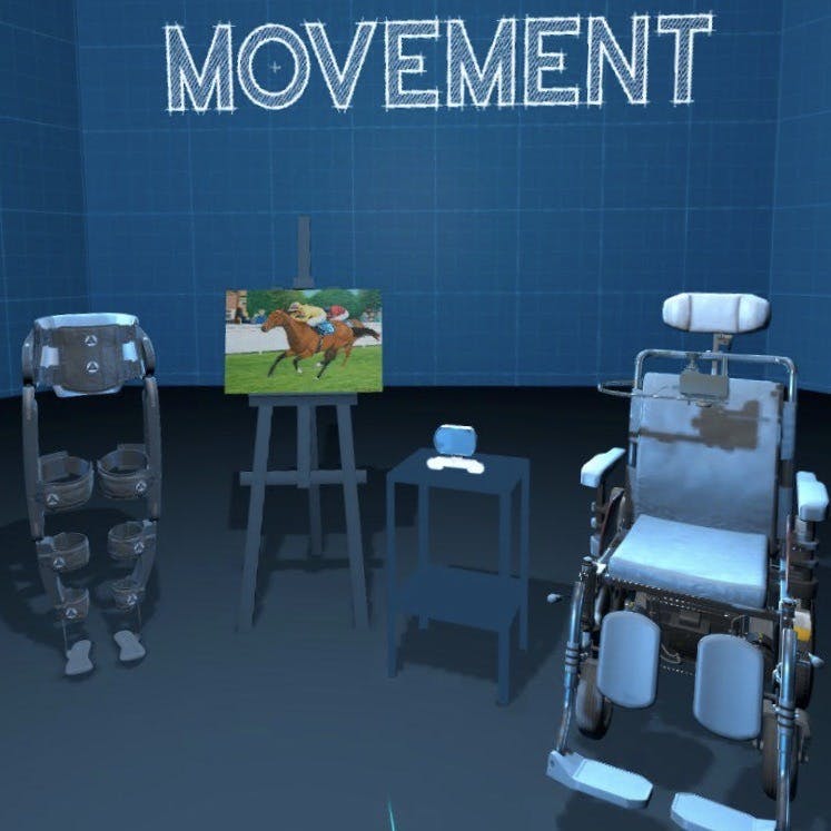 An exoskeleton, a painting of a horse on an easel, a hands-free computer navigational device, and a motorised wheelchair, all in a row.