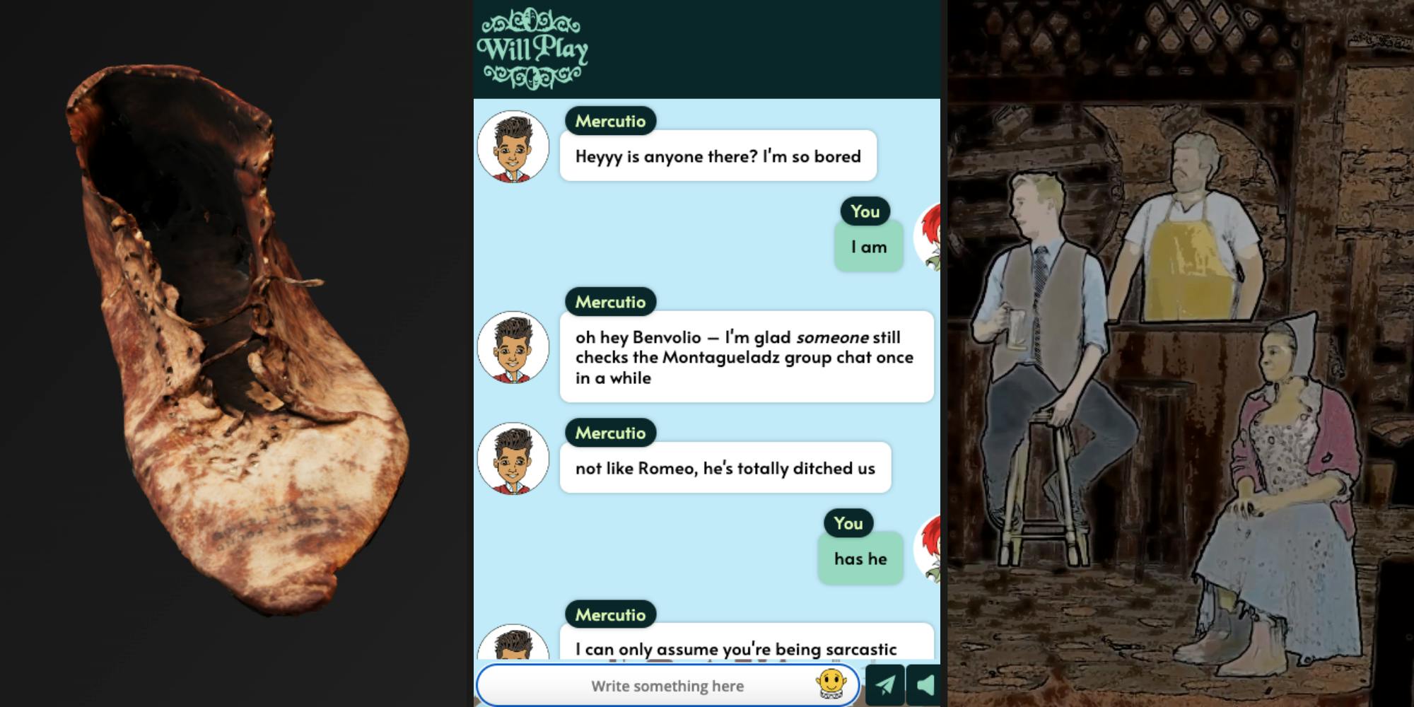 A trio of images – a digital 3D image of an ancient brown leather shoe, a screenshot of a WhatsApp-style chat on a blue background, and three characters in medieval clothes with a cartoon overlay.