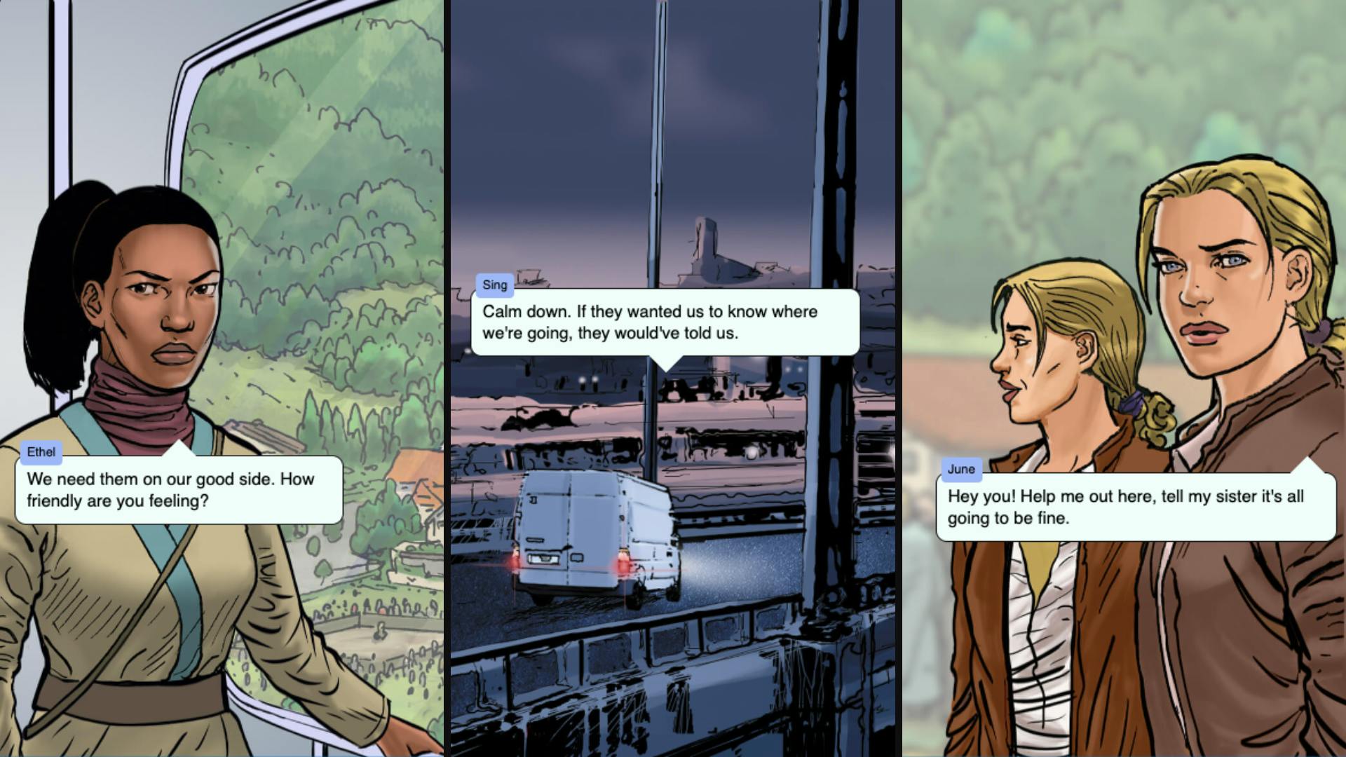 Three portrait screenshots in a comic-book style, with speech bubbles. From left to right, a woman in futuristic clothes, a van driving along a road at night, and two woman in matching brown jackets. 