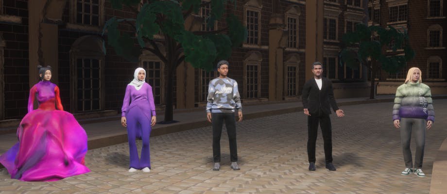 Five of the Union Avatars standing in front of some buildings: from left to right, a woman in a pink and red ballgown, a woman in a purple top and trousers and a cream hijab, a man in a blue sweater, a man in a black blazer, and a woman in a green and purple coat.  