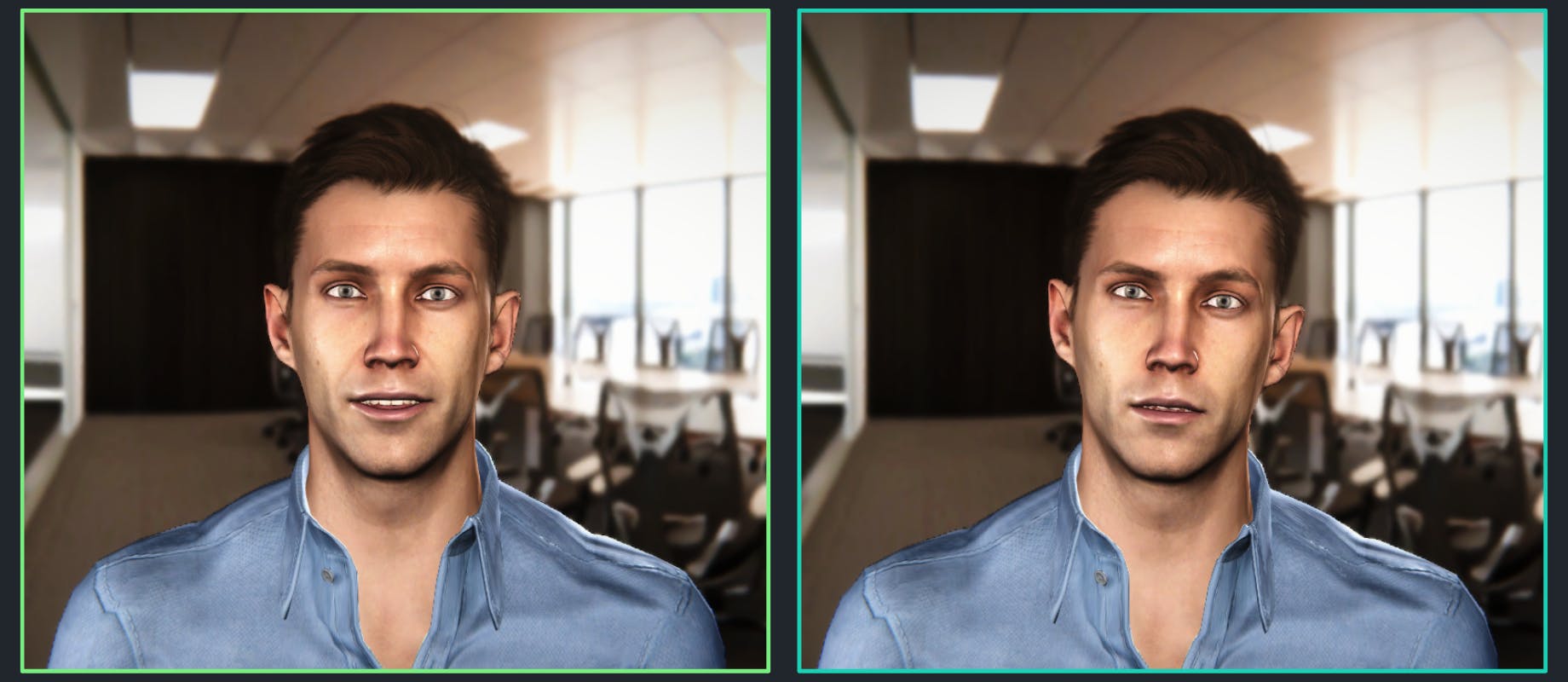 Two images of a male human avatar against an office backdrop. 