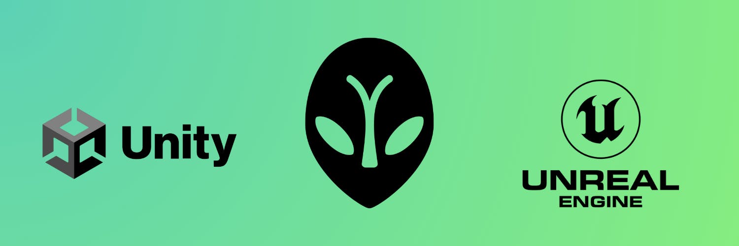 Unity, Charisma and Unreal Engine logos in black, against a green gradient background.