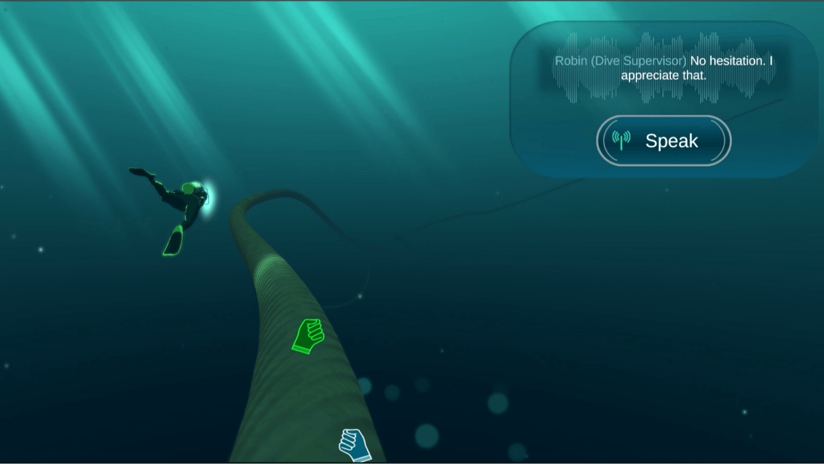 An underwater scene with a diver in the distance, and a 'Speak' button in the top left of the screen allowing the player to interact. There is also a thick rope running through the centre of the screen and into the distance. 