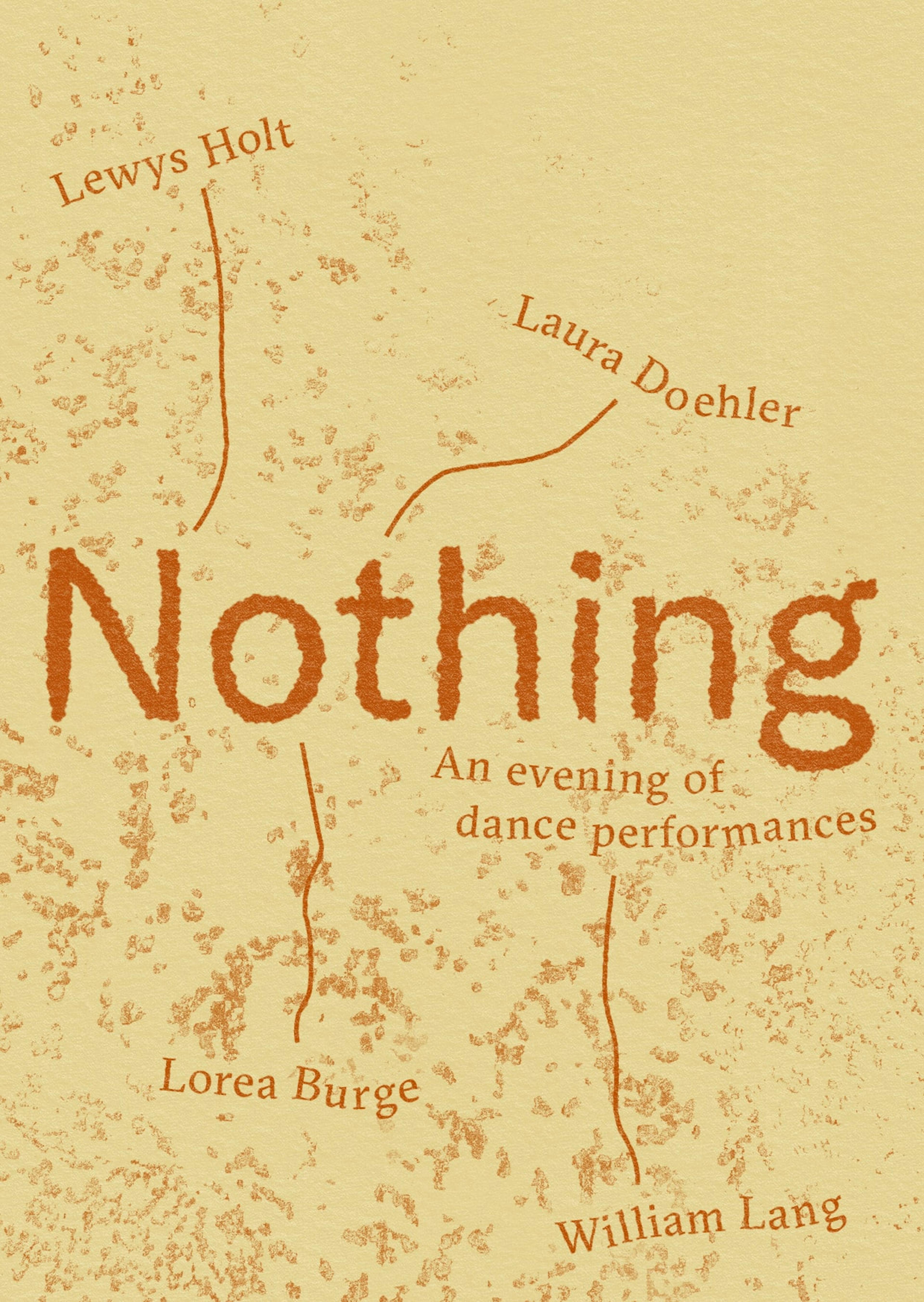 Flyer design for Nothing, an evening of dance performances dance in London 2025, which shows orange text on a yellow background that is covered in orange peeling textures.