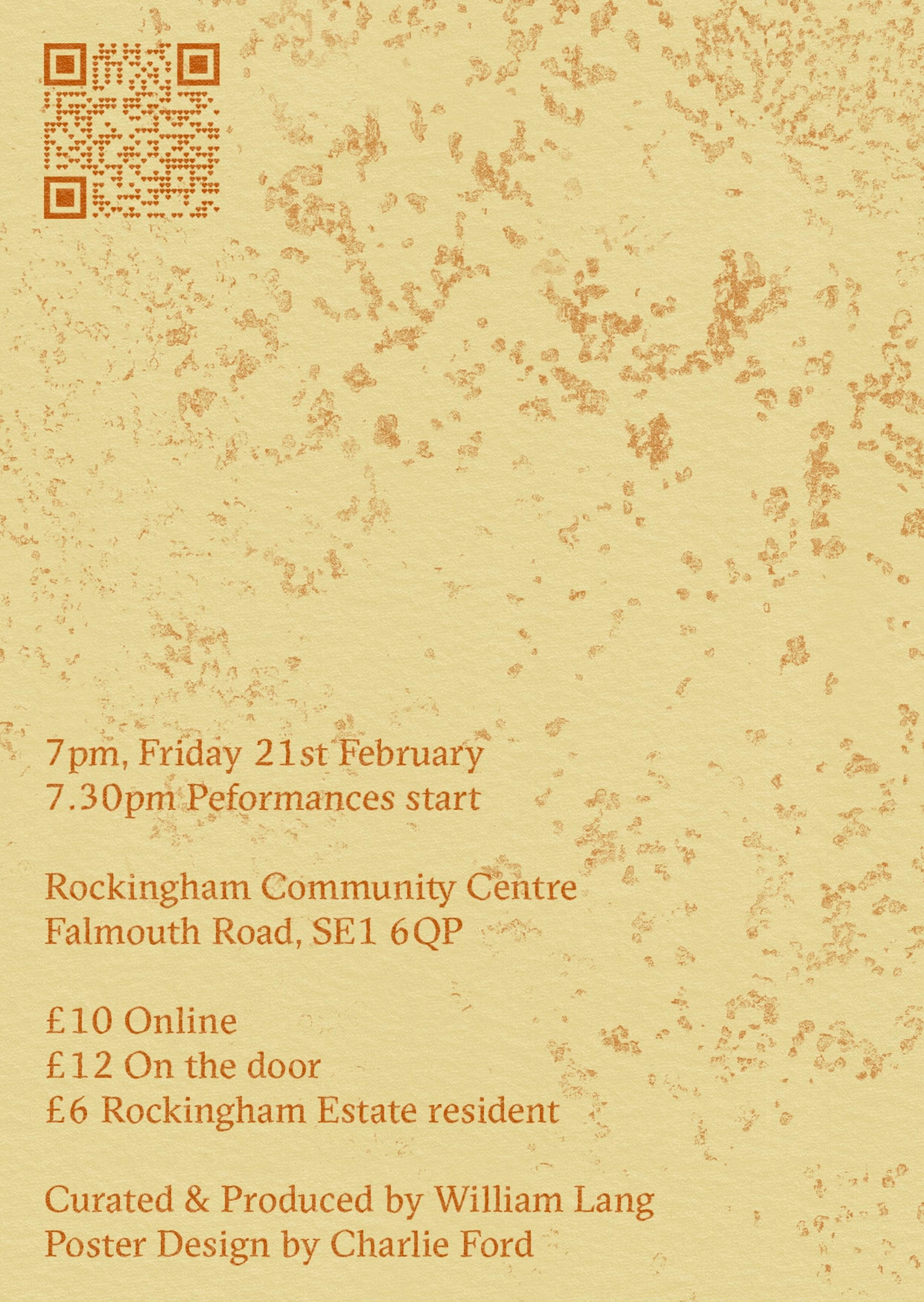 Flyer design for Nothing, an evening of dance performances dance in London 2025, which shows orange text on a yellow background that is covered in orange peeling textures.