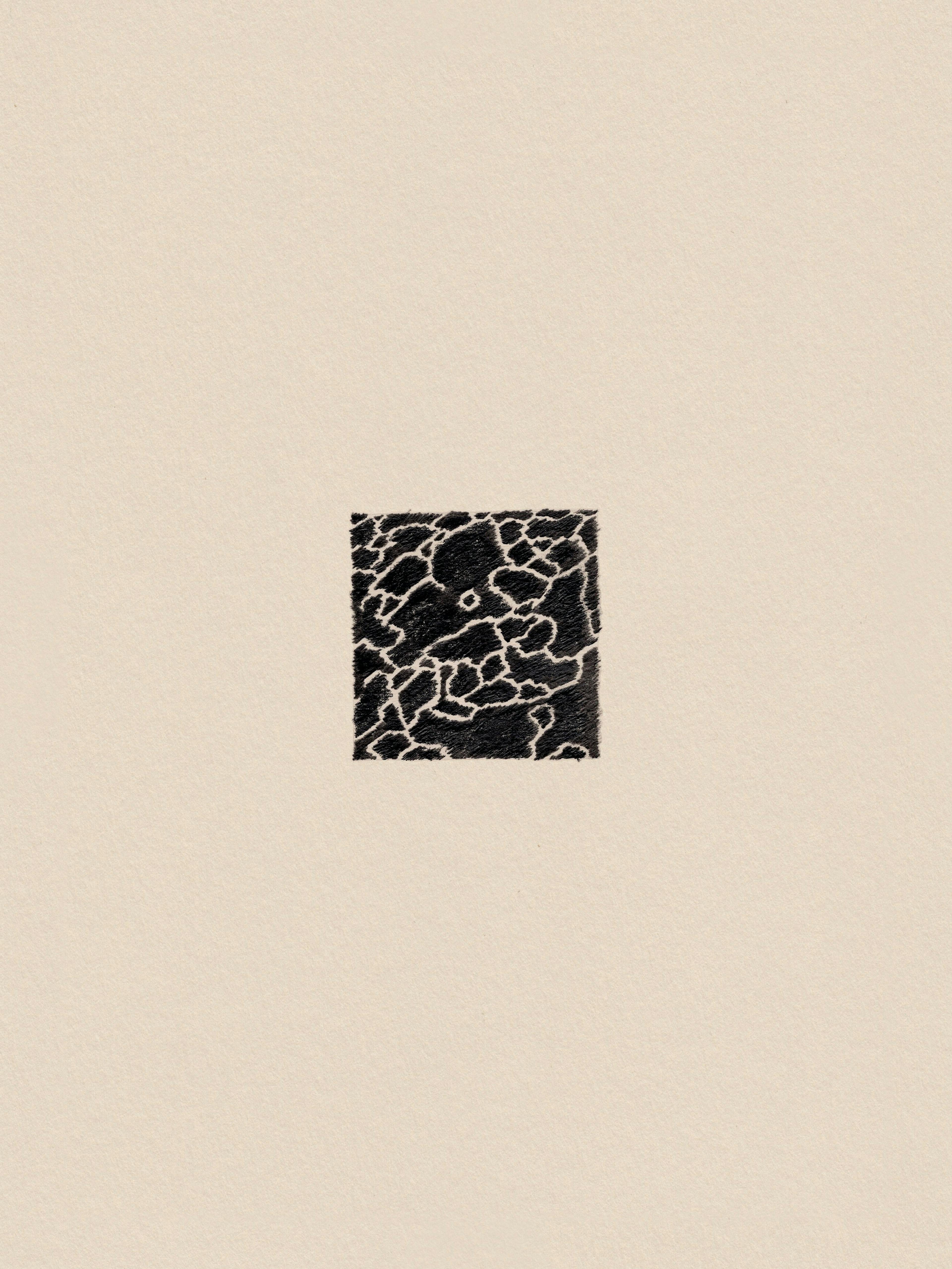 Graphite pencil drawing on ivory coloured paper of a small black square with cracks.