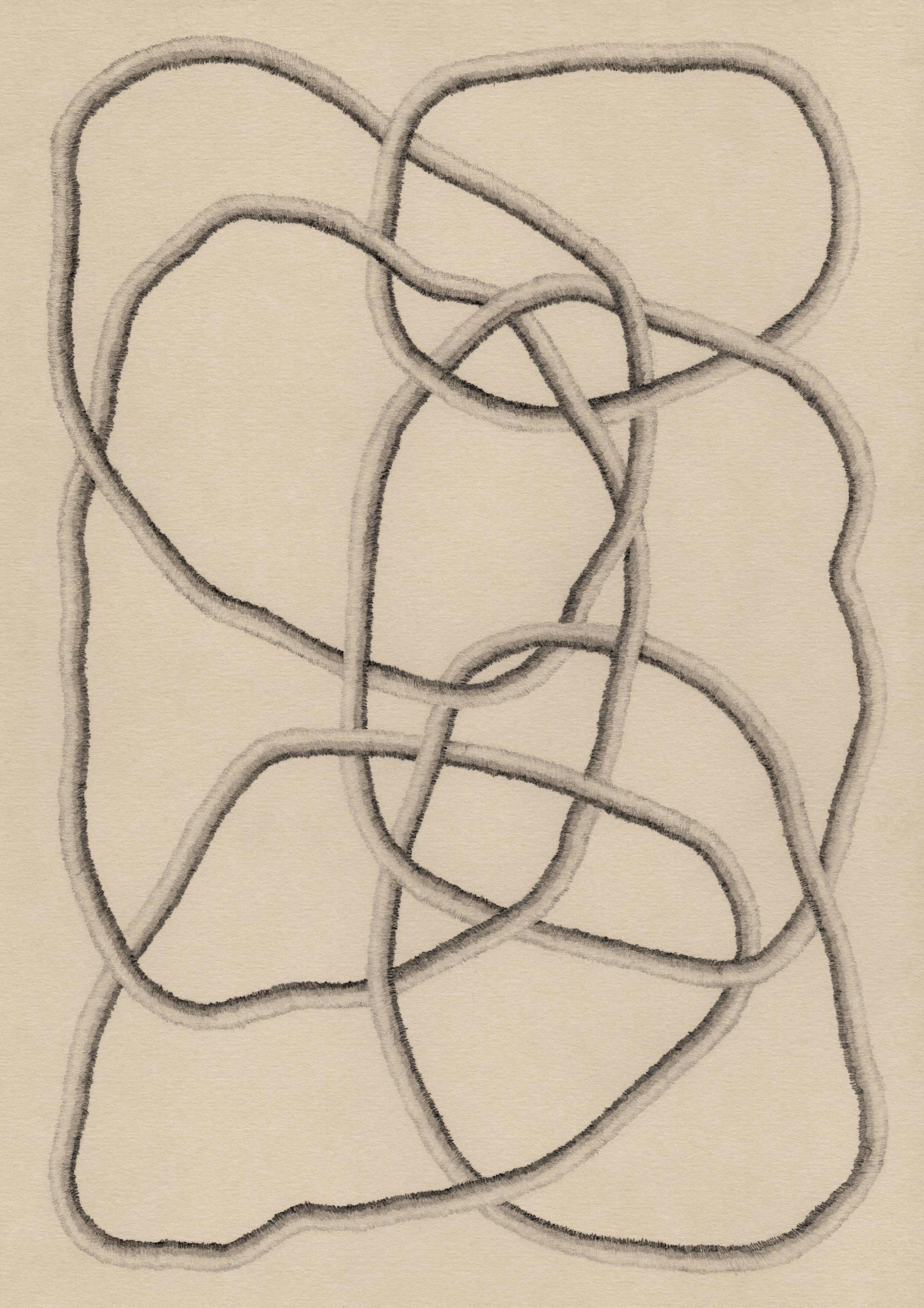 Pencil drawing on natural coloured paper of six entangled circular shapes. 