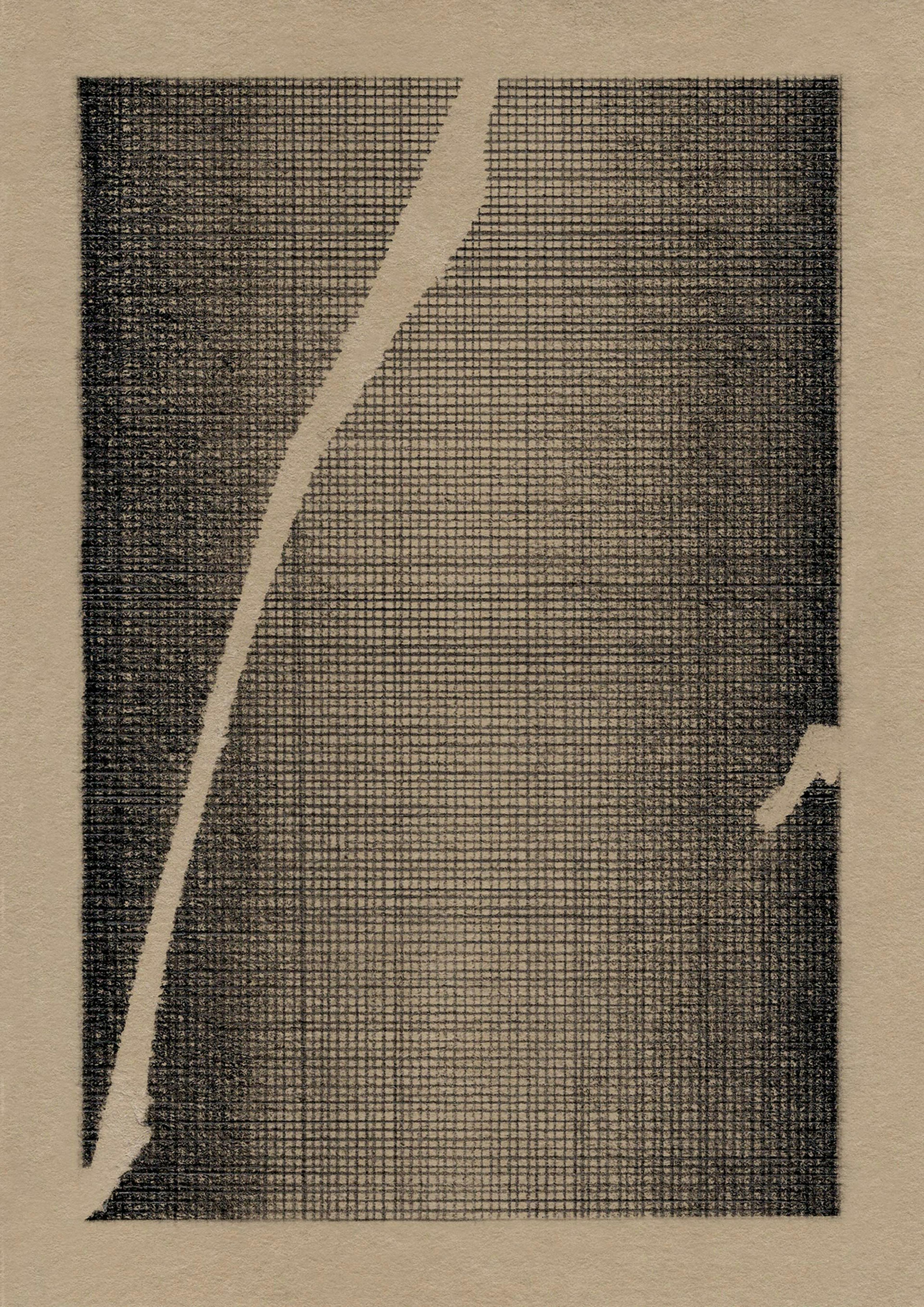 Pencil drawing on natural coloured paper of vertical and horizontal lines forming a grid that is broken by a crack. 