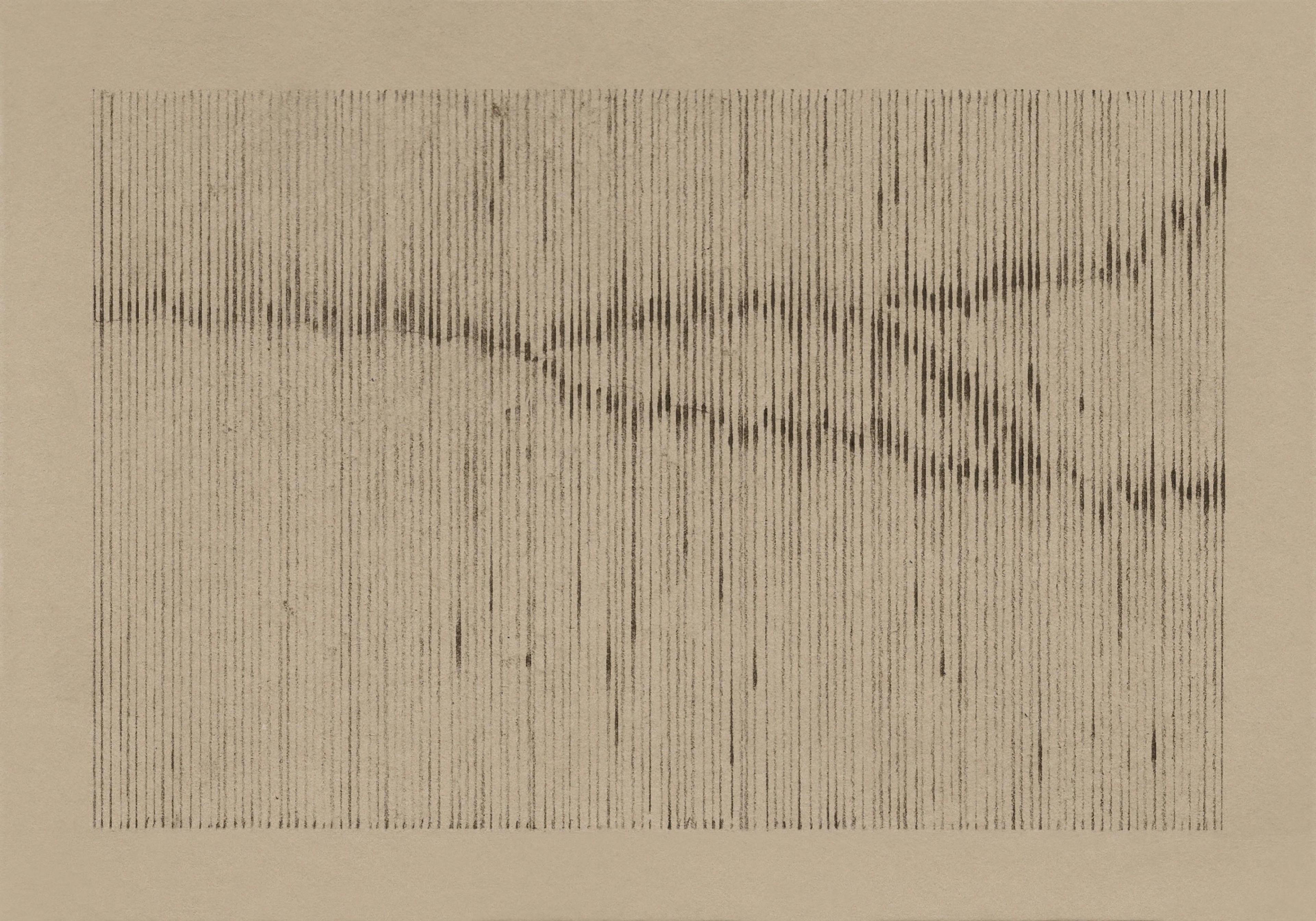 Pencil drawing on natural coloured paper of light and dark vertical lines that show a crack. 