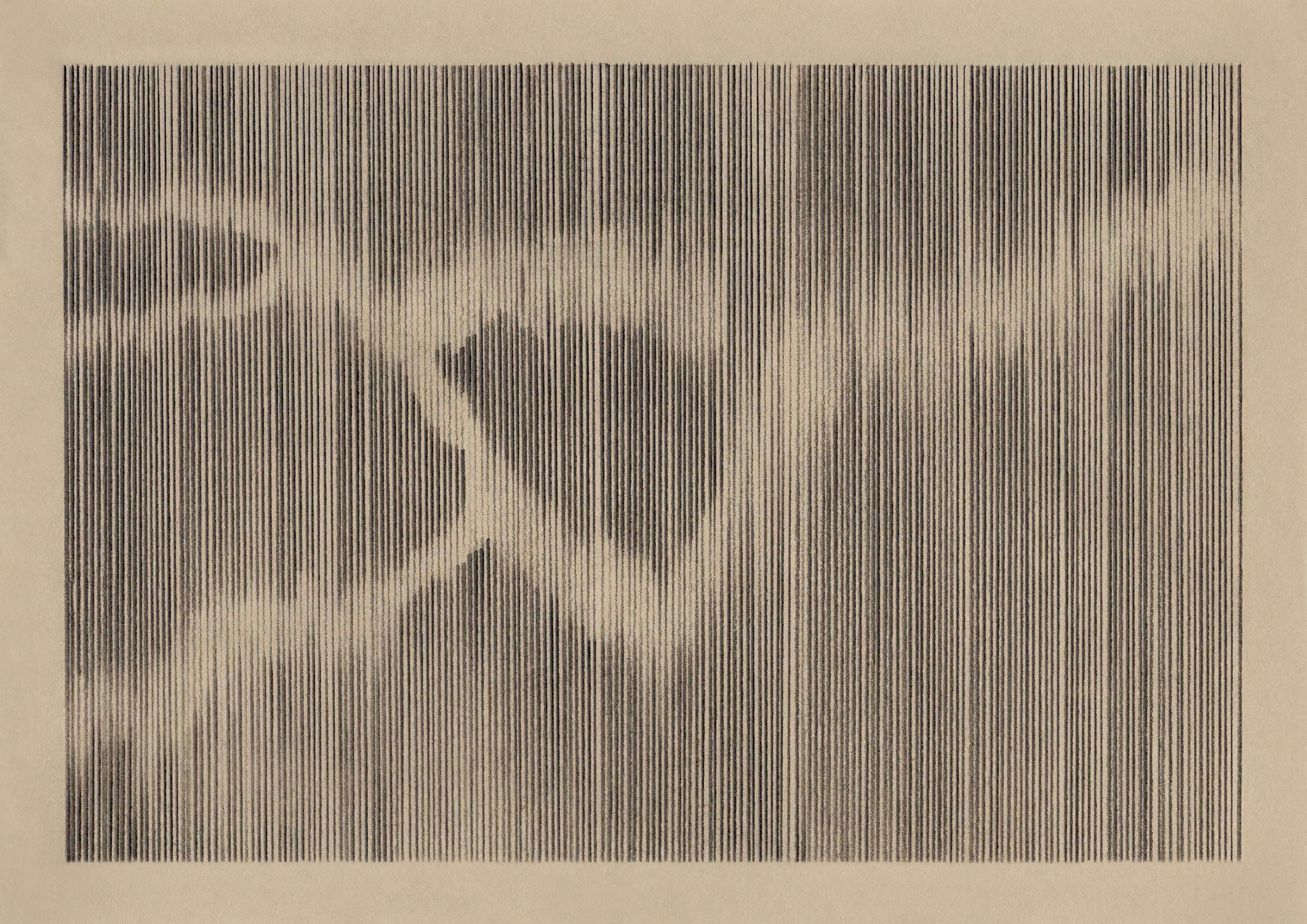 Pencil drawing on natural coloured paper of light and dark vertical lines that form the appearance of a crack. 