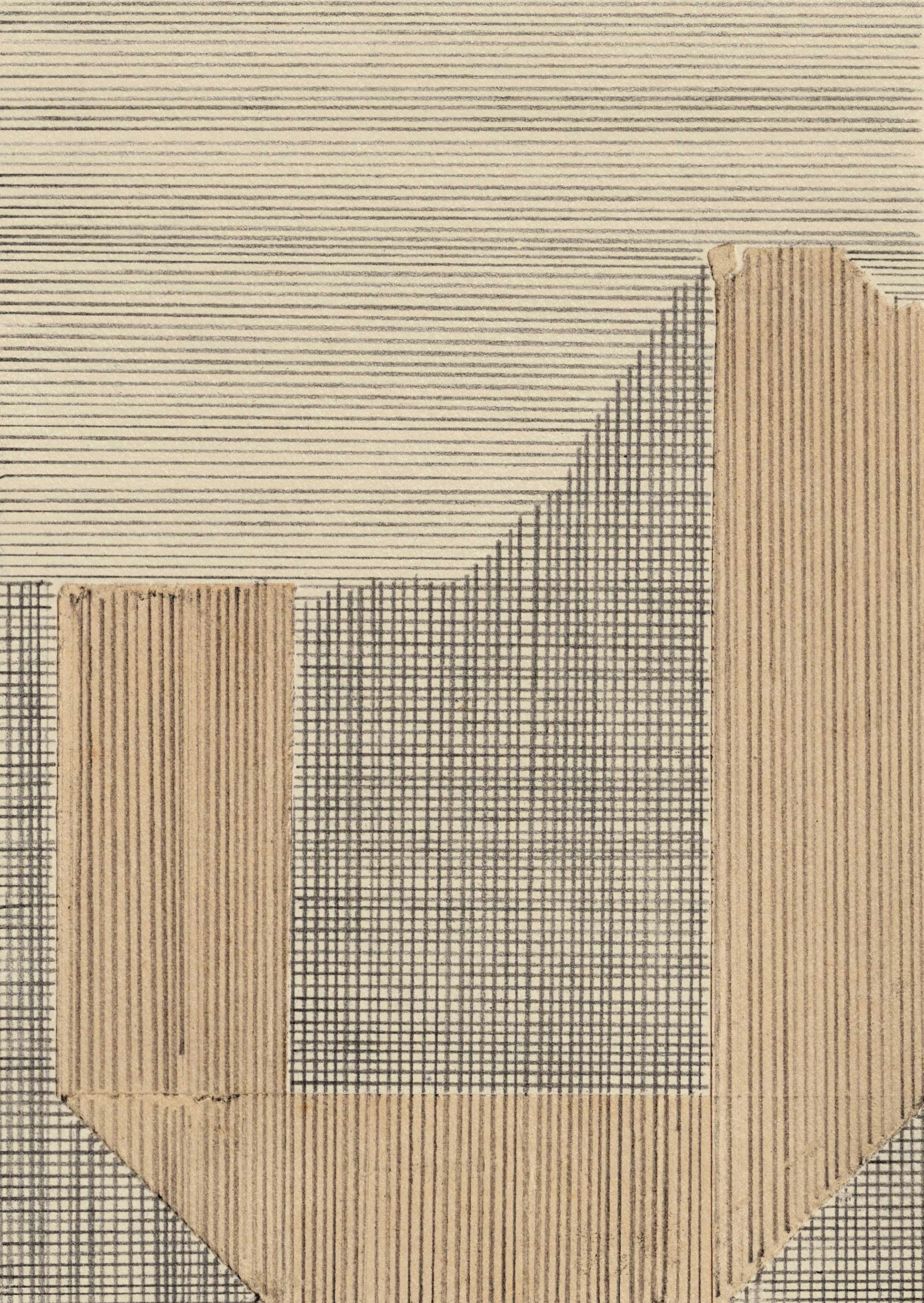 A pencil drawing of horizontal and vertical straight lines on arc-shaped paper.  