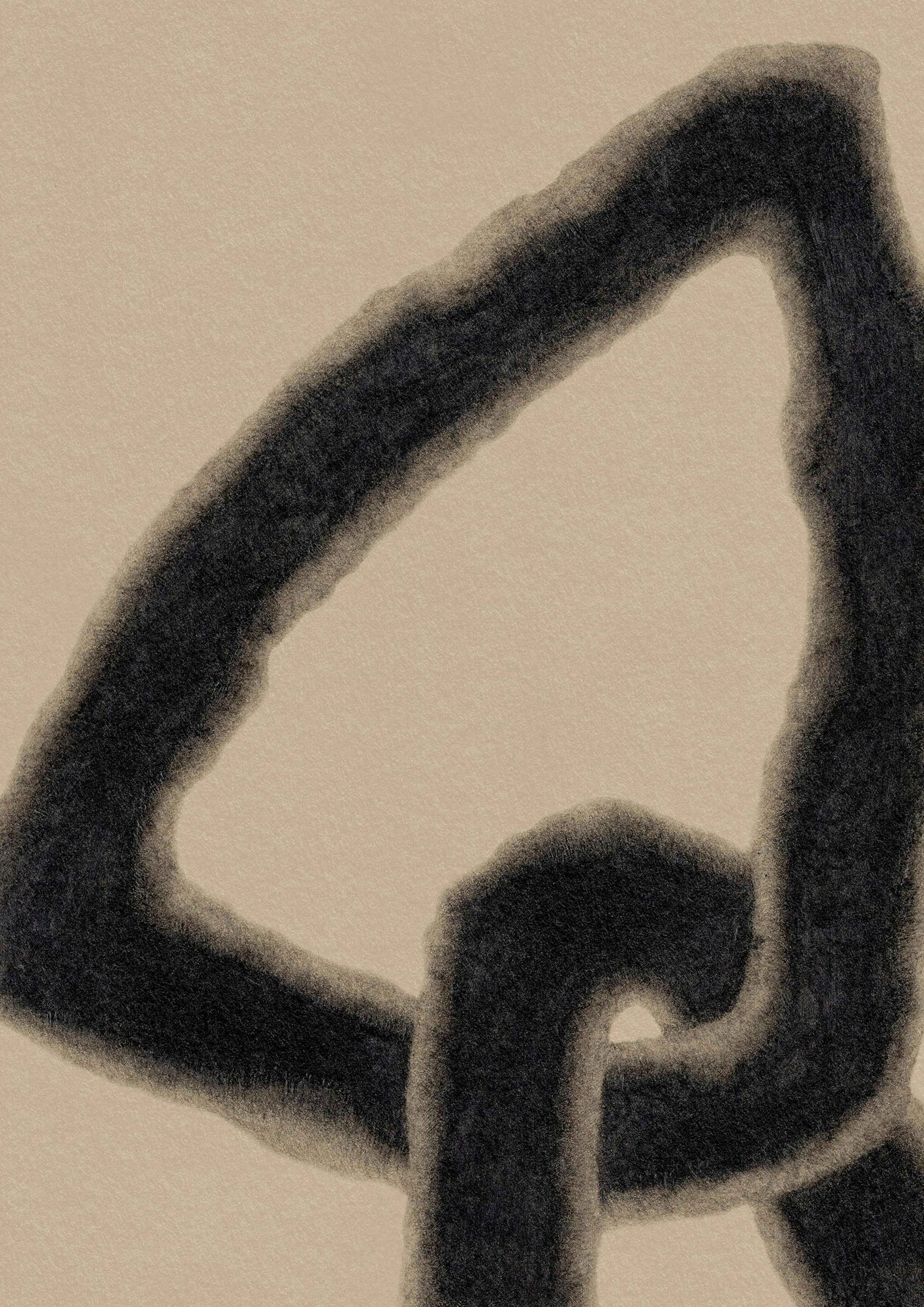 A graphite and pencil drawing on natural coloured paper of two loop shapes intertwining. 