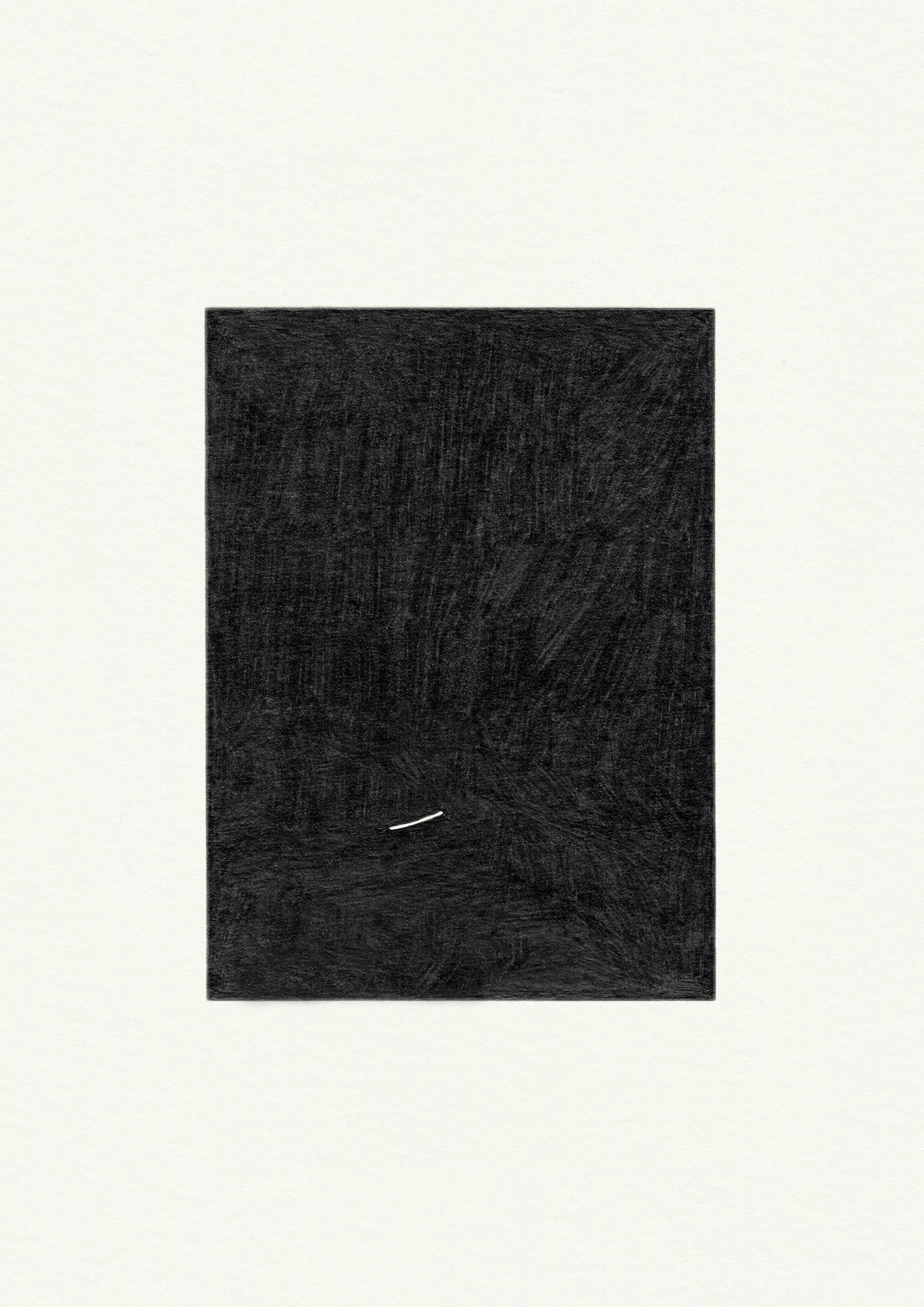 A graphite drawing on white coloured paper of a black rectangle with a fingernail-sized white mark in the middle. 