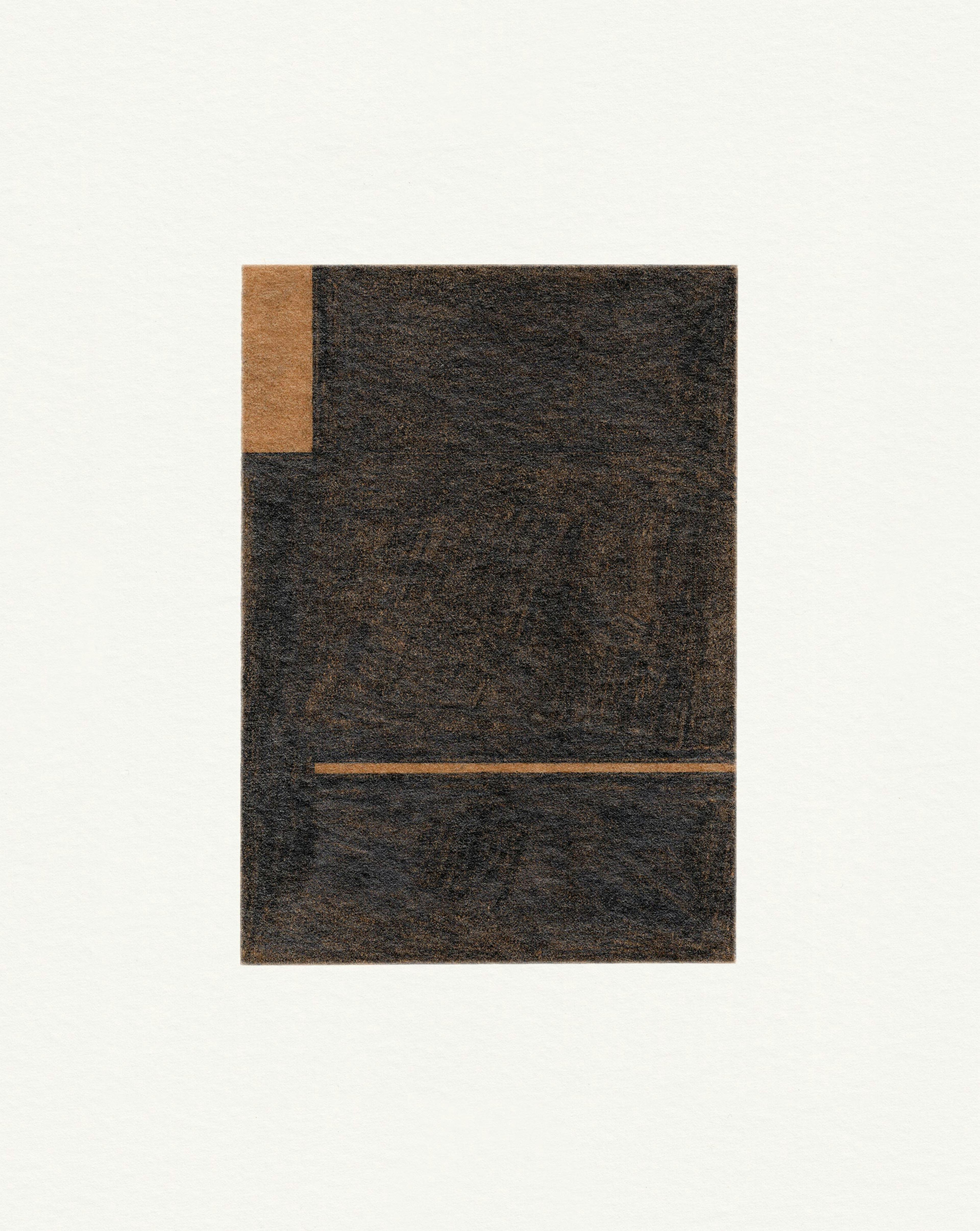 A graphite drawing on brown packaging paper of a black rectangle with two brown rectangles intersecting it. 