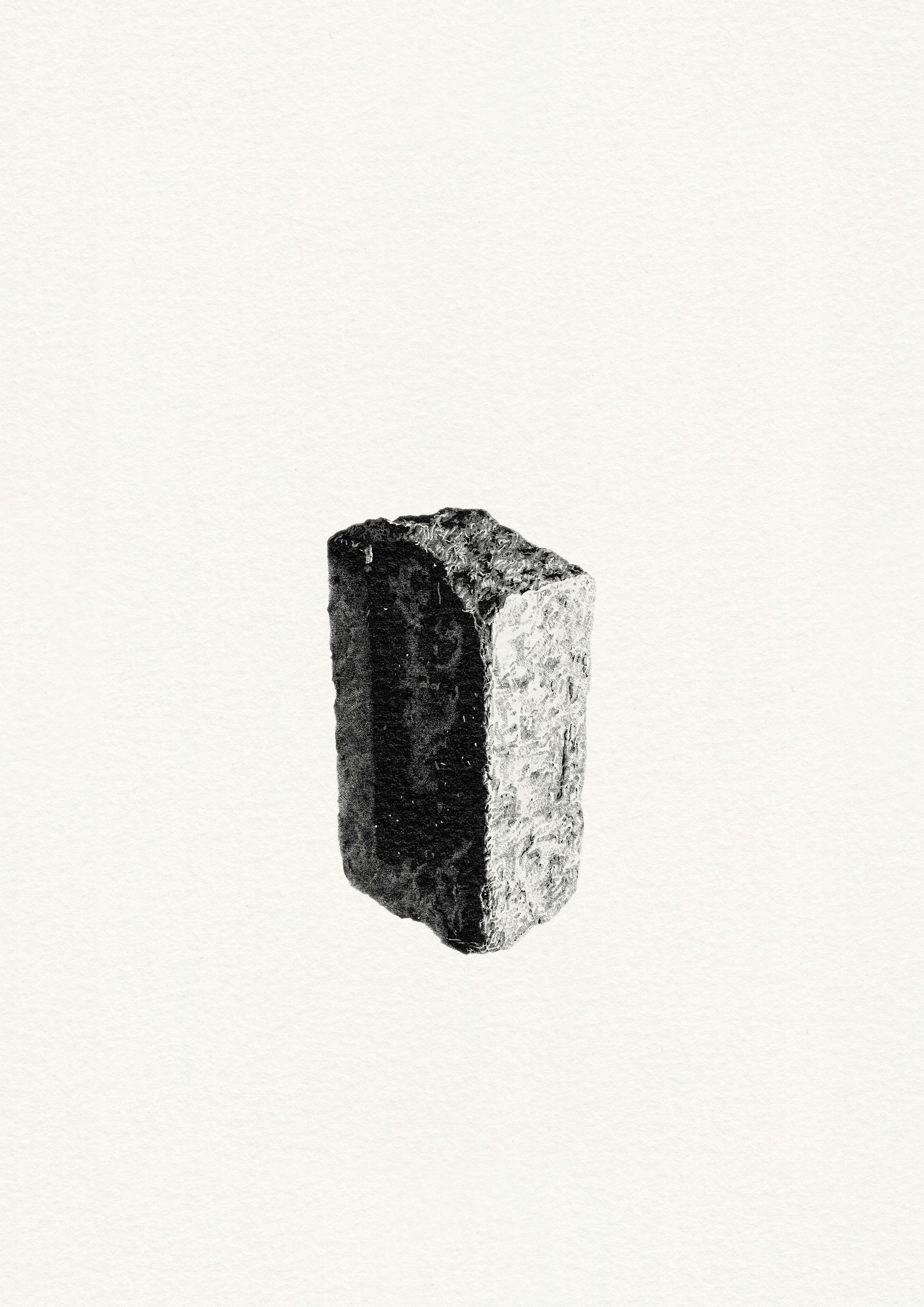 A pen drawing on white paper of a brick standing on its end cast in shadow. 