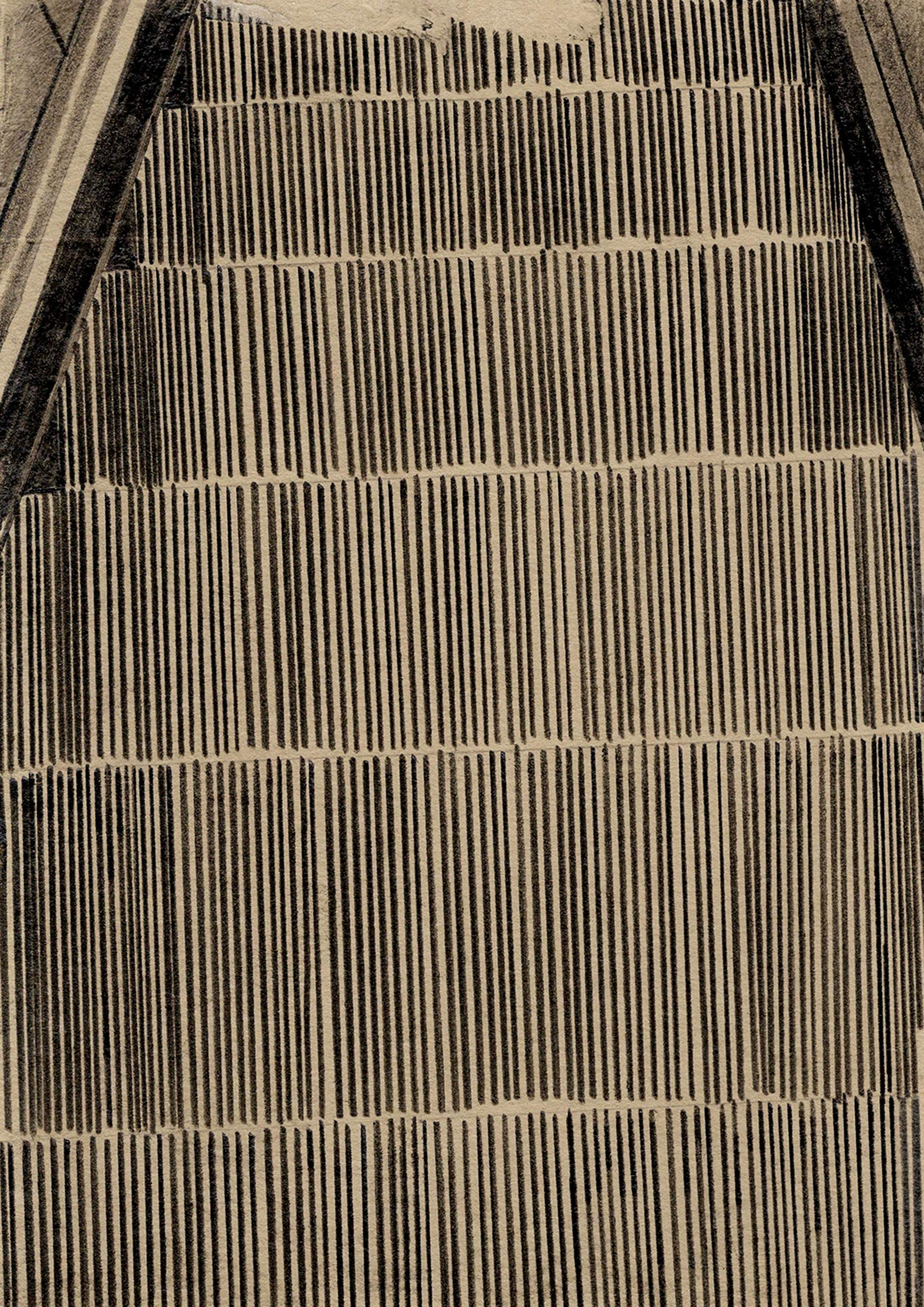 A pencil drawing on natural coloured paper of a moving escalator travelling downwards sketched from the artist's viewpoint. 