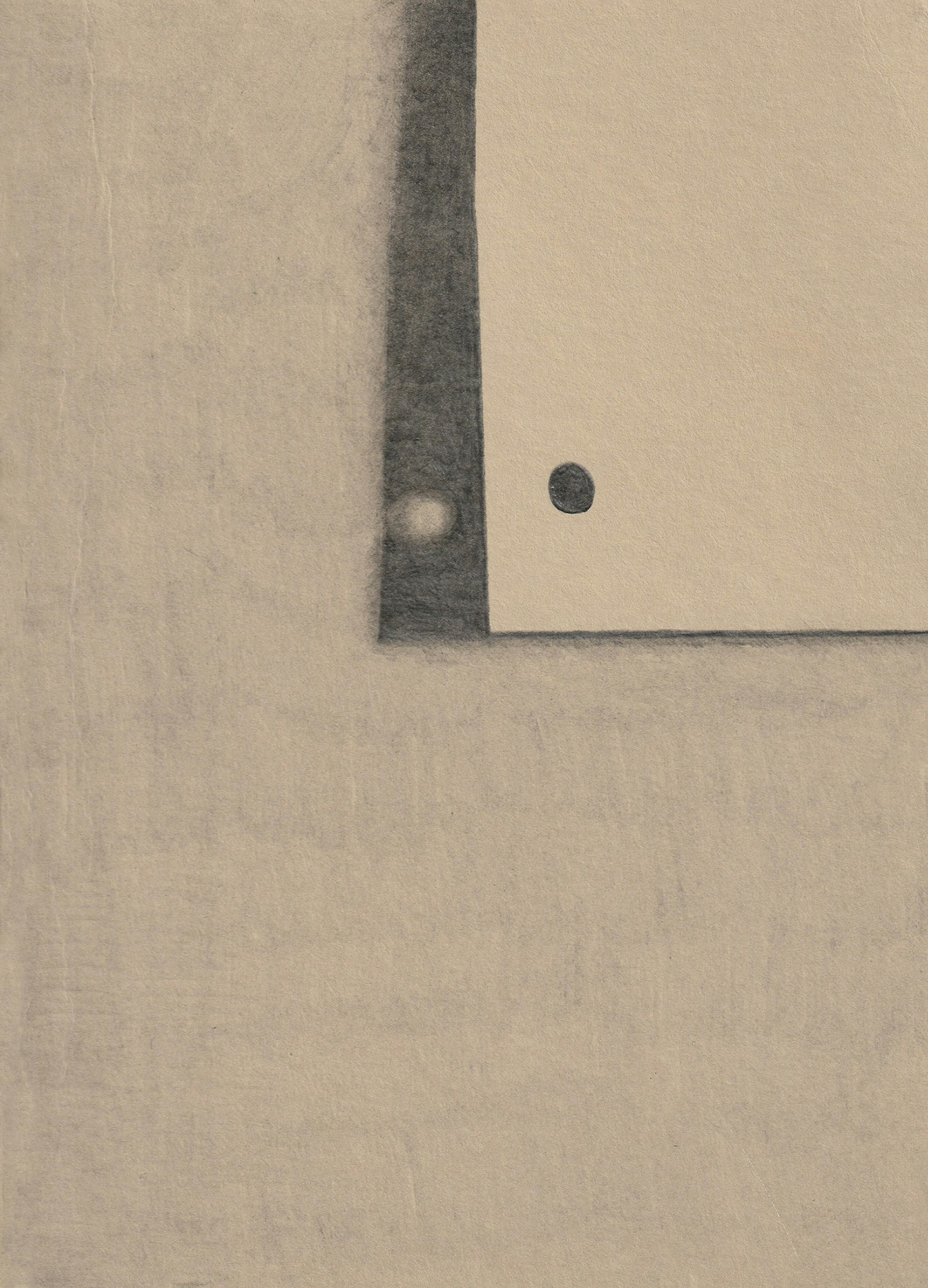 A pencil drawing on natural coloured paper of the corner of a piece of paper taped to the wall in sunlight.