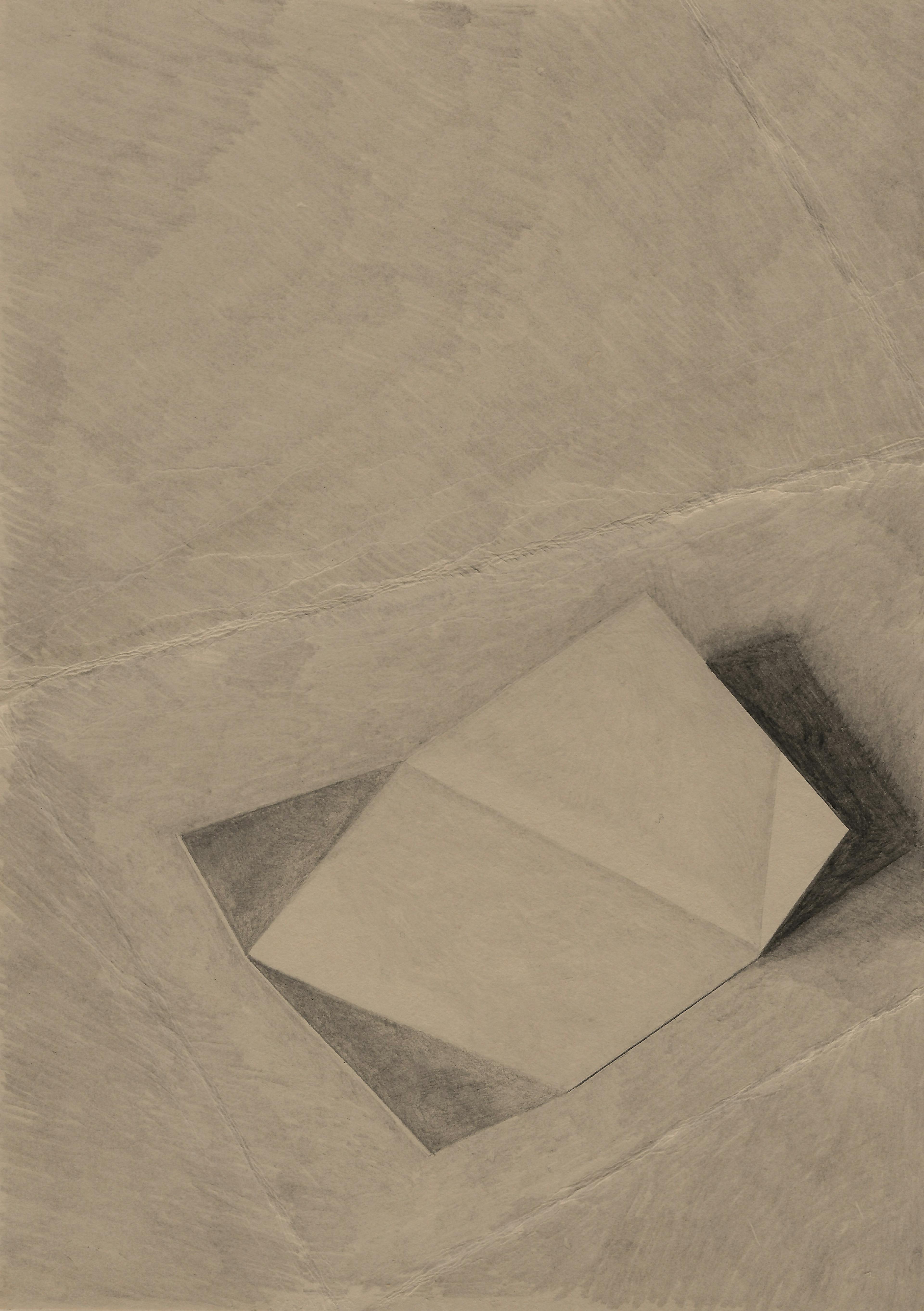 A pencil drawing on natural coloured paper of a folded piece of paper laying on a table in sunlight.