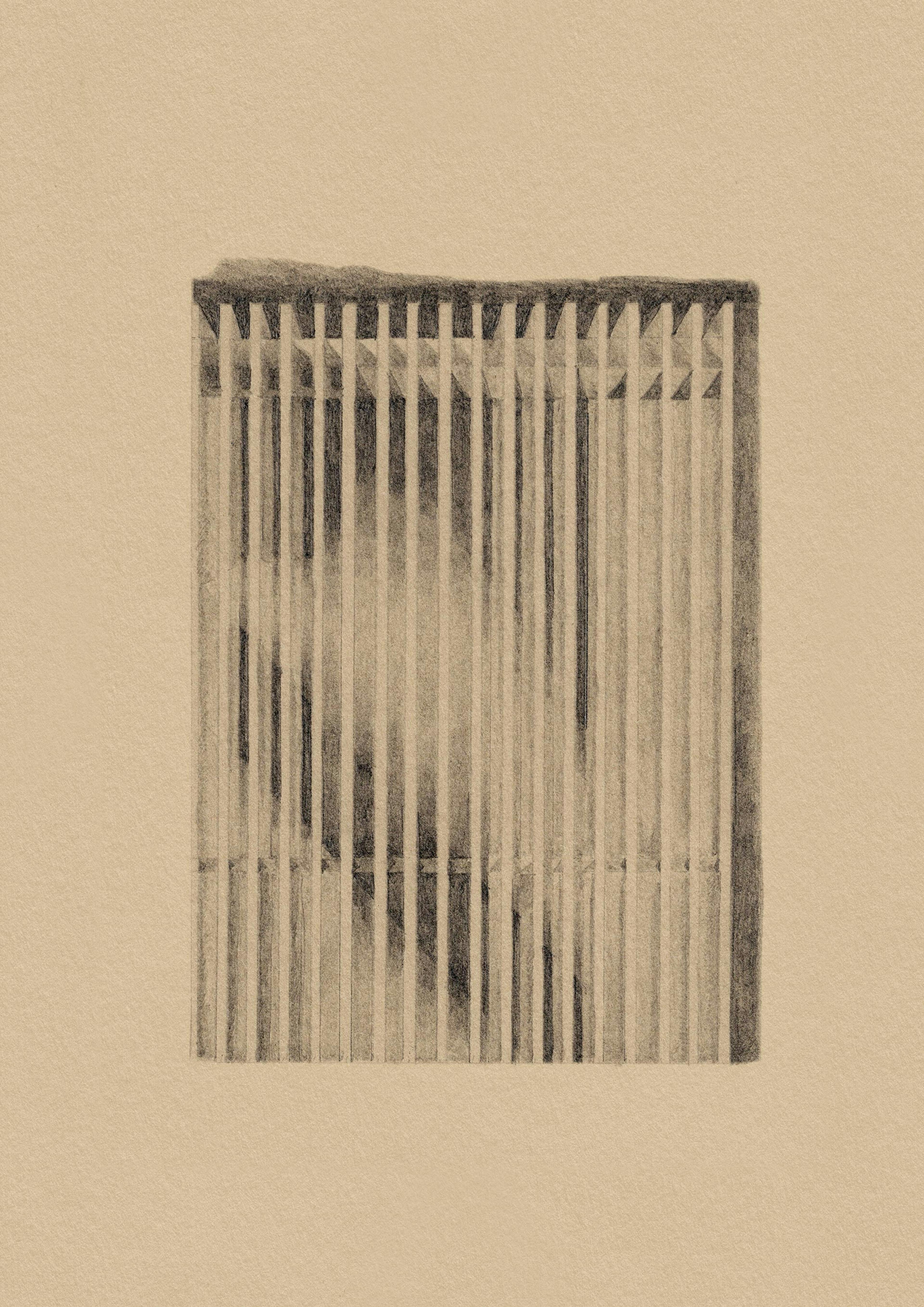 A pencil drawing on natural coloured paper of an industrial radiator in sunlight. 