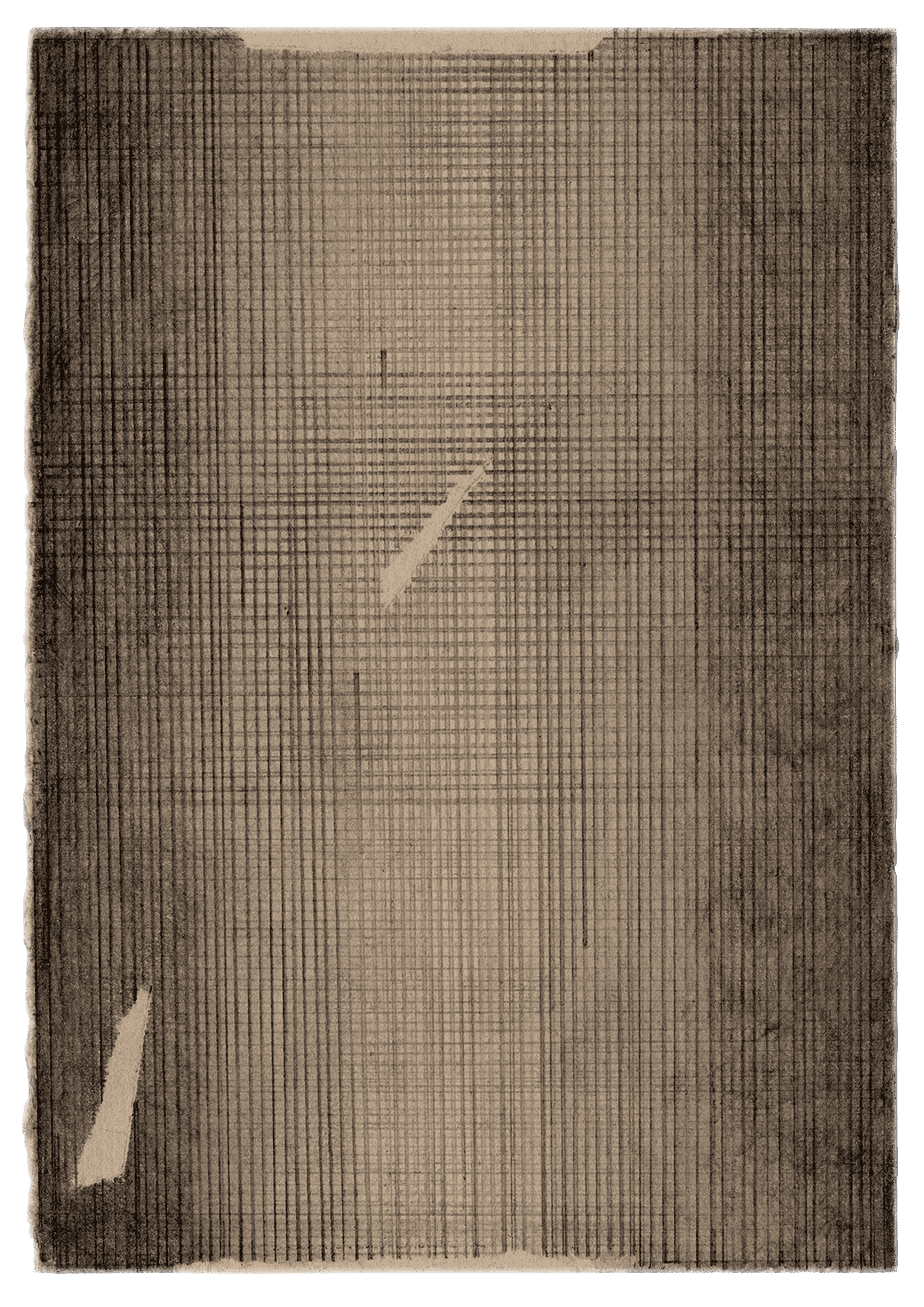 Pencil drawing on natural coloured paper of vertical and horizontal lines forming a grid that is broken by a crack. 