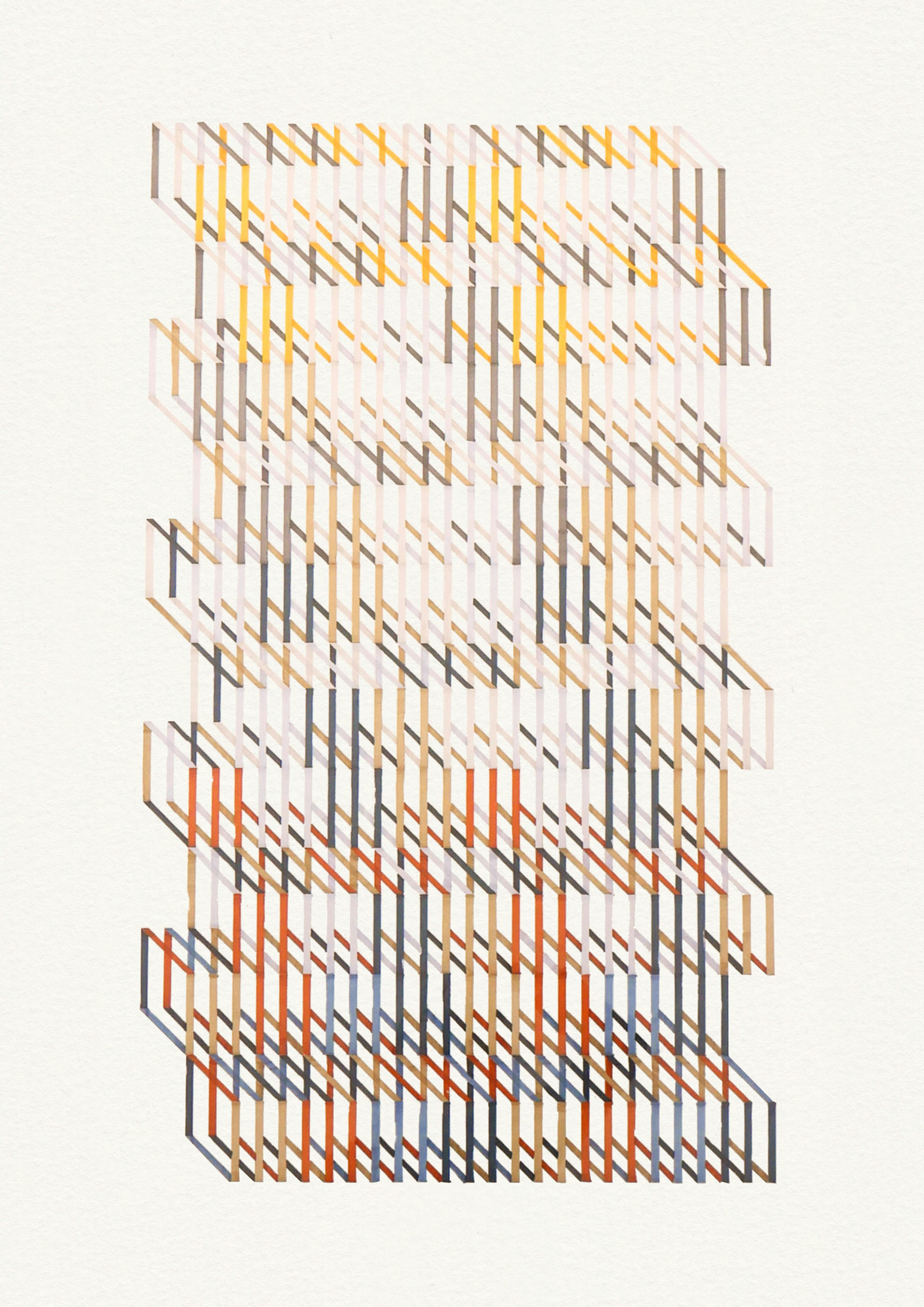 A marker pen drawing on white coloured paper of formations of three-dimensional squares that resemble the structure of an escalator. 