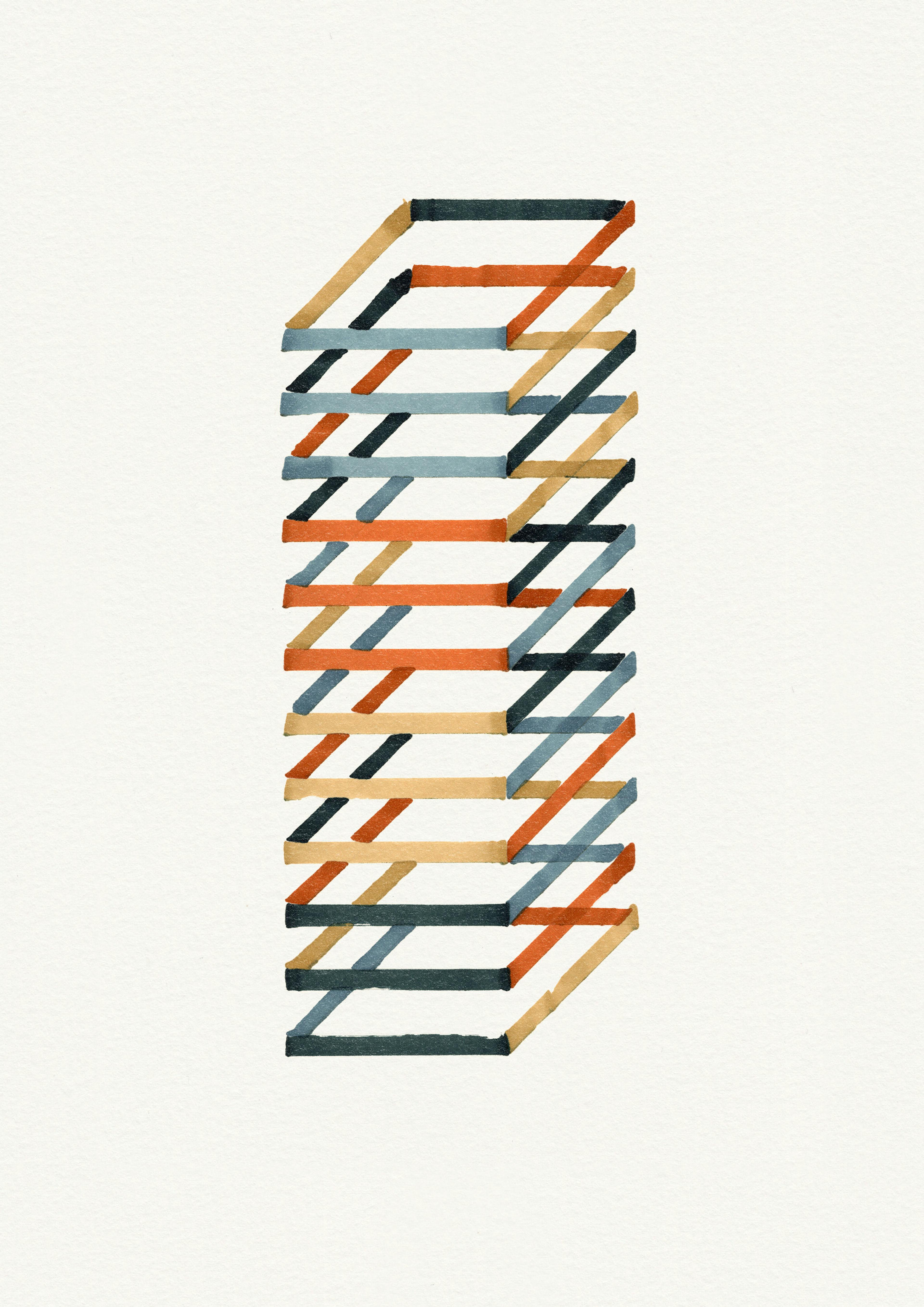 A marker pen drawing on white coloured paper of formations of three-dimensional squares that resemble the structure of an escalator. 